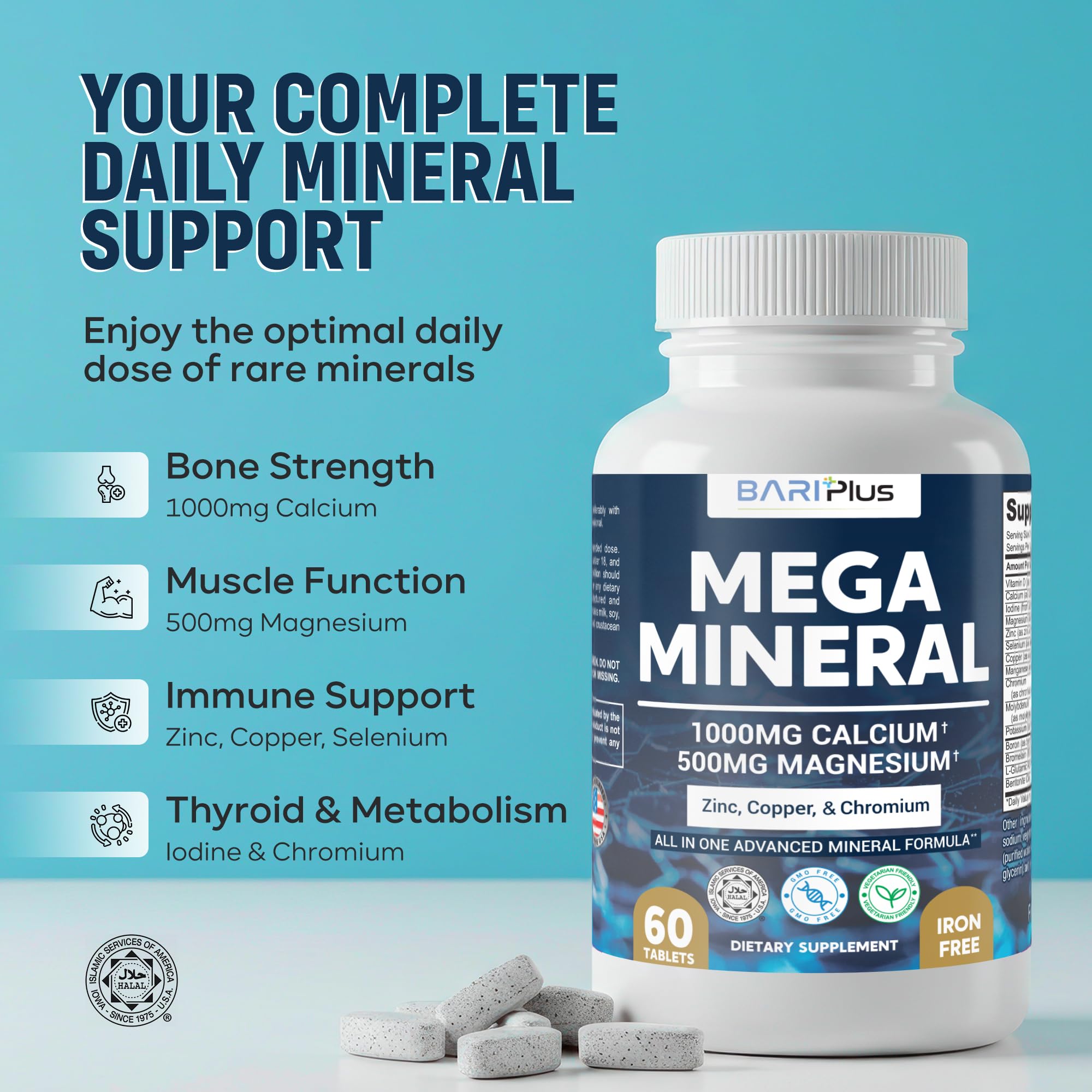 Mega Mineral – Complete Complex with Vitamin D, Calcium, Magnesium, Zinc, Potassium, Boron, Selenium, Chromium & Trace Minerals – Iron-Free – USA Made – 60 Tablets BARIPLUS buy supplements canada