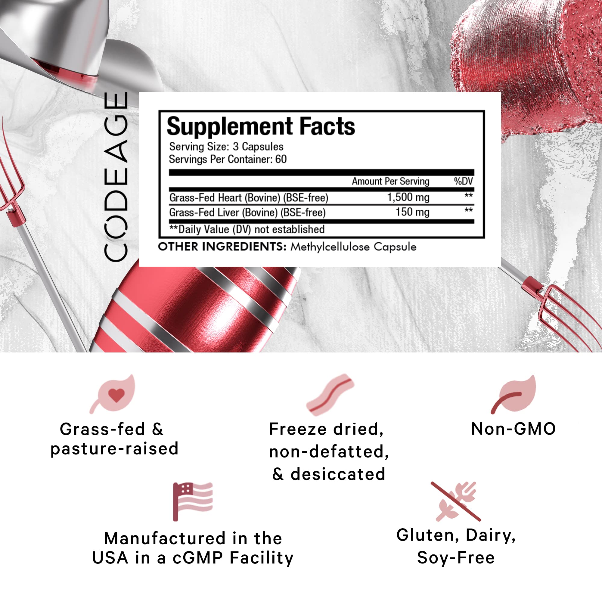 Codeage Grass Fed Beef Heart Supplement - Freeze Dried, Non-Defatted, Desiccated Glandular Supplements - Bovine Meat & Liver Pills - Beef Vitamins for Heart - Non-GMO -180 Capsules Codeage buy supplements canada