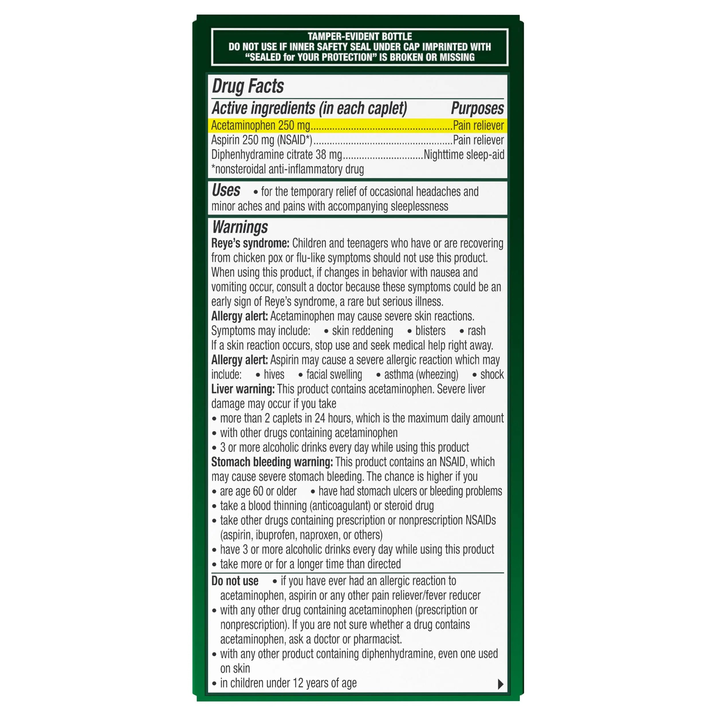 Excedrin PM for Headache Relief, Acetaminophen 250mg, Aspirin 250mg, Diphenhydramine Citrate 38mg, Pain Reliever, Nighttime Sleep-Aid, 100 Count Excedrin buy supplements canada