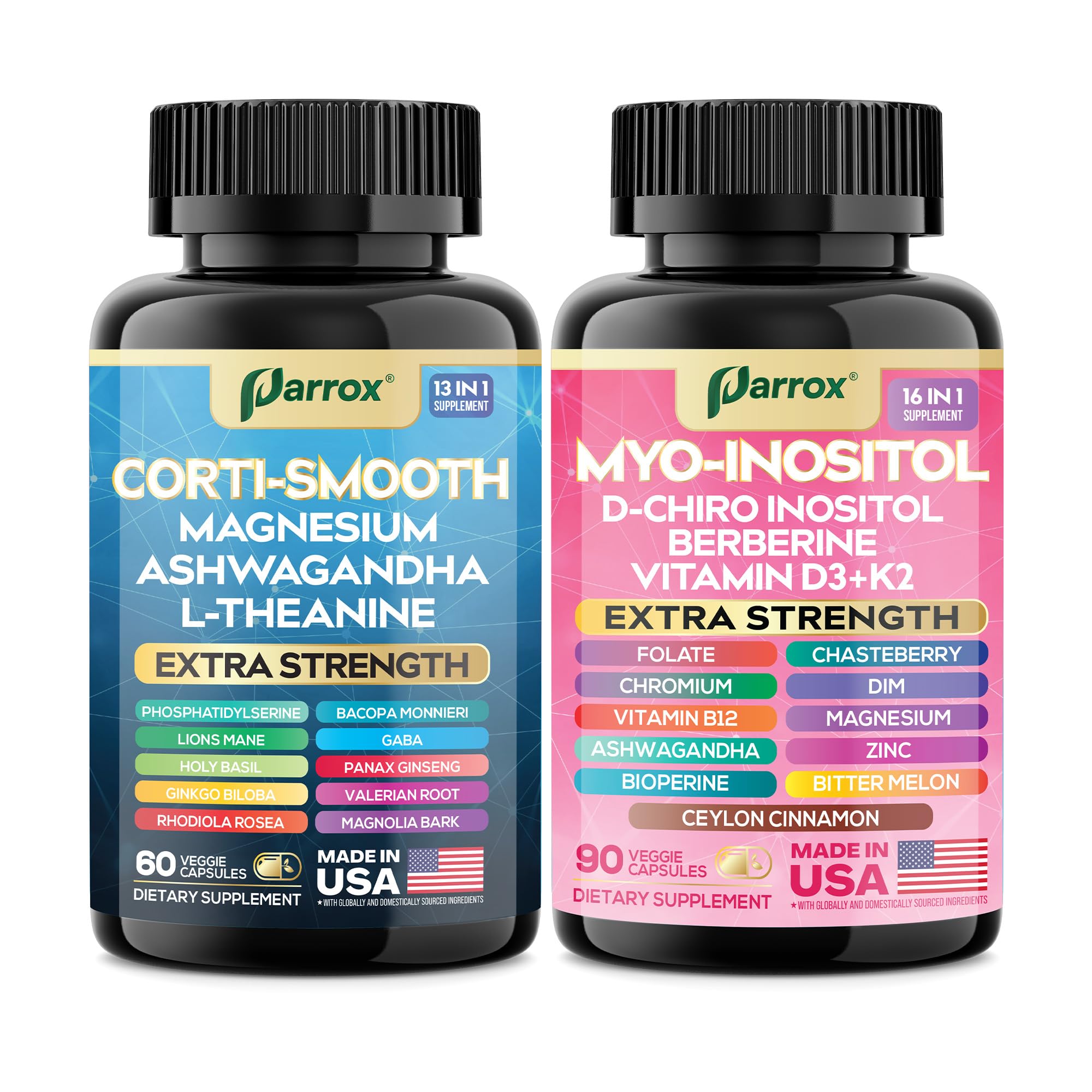 Parrox Cortisol & Myo-Inositol Supplement Bundle, Soothe & Smooth Bundle, 13-in-1 Cortisol Balance, Magnesium, Ashwagandha, L-Theanine, D-Chiro Inositol, Folate, Berberine, Chasteberry (150 Capsules) Parrox buy supplements canada