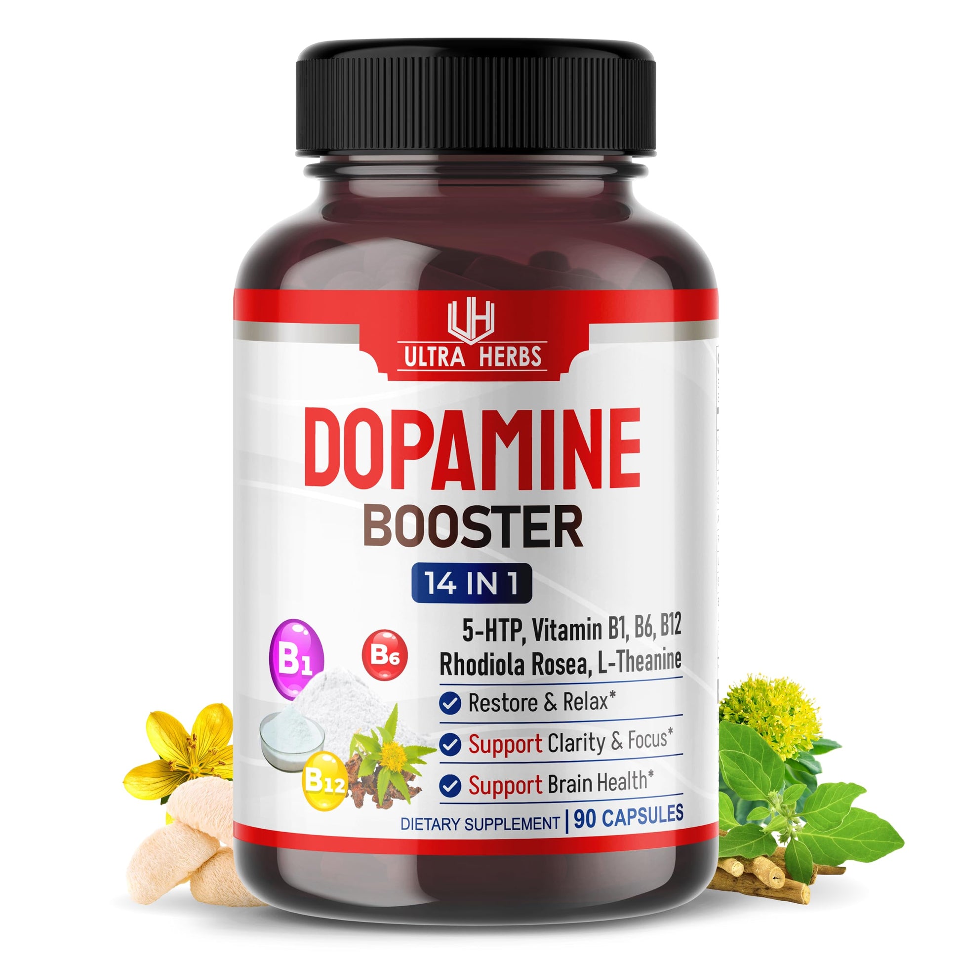 Dopamine Focus Supplement Ashwagandha 5-HTP Rhodiola Rosea St. John's Wort - Increase Memory Clarity Focus Restore Relax with VIT B1, B6, B12, L-Theanine ULTRA HERBS buy supplements canada