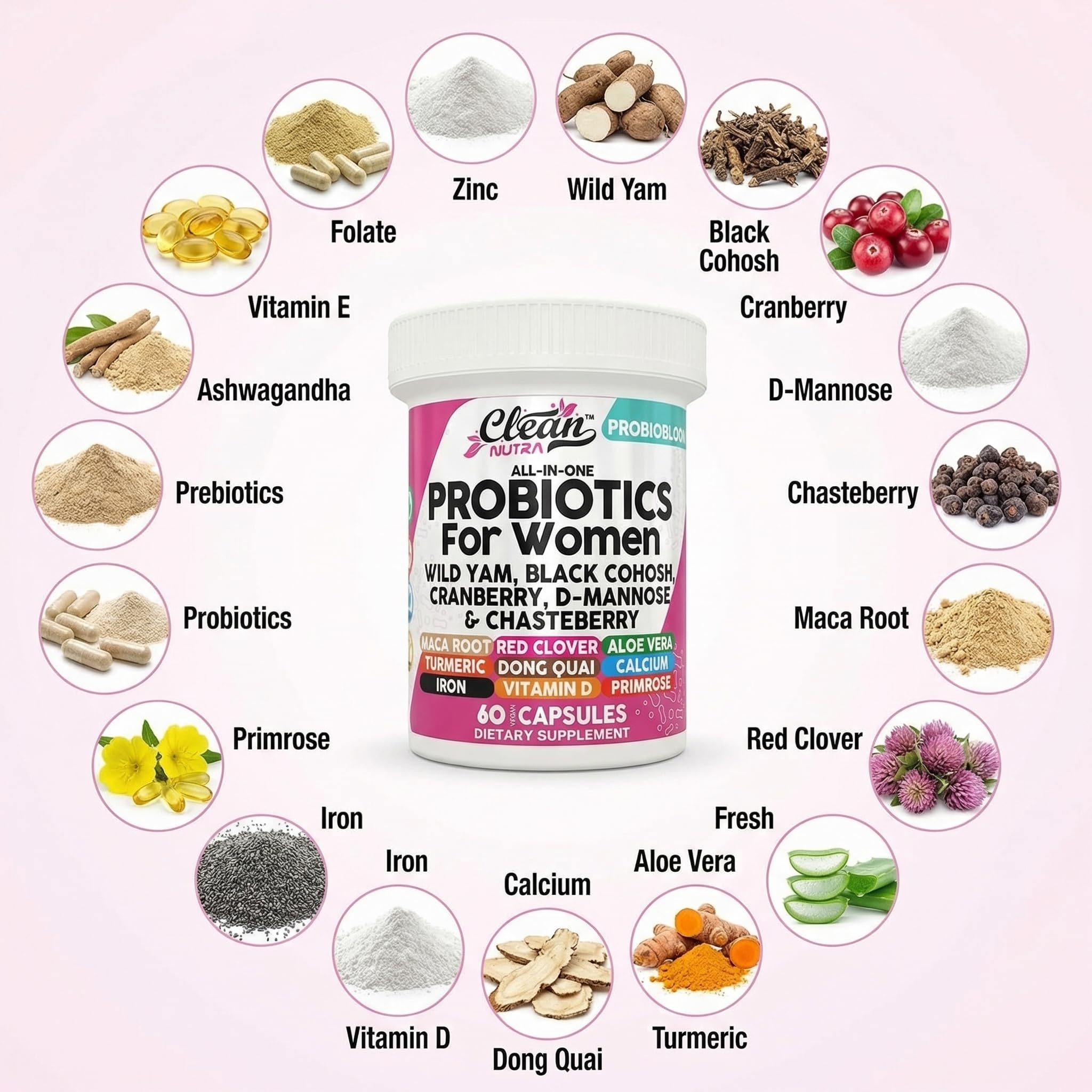 Clean Nutraceuticals Probiotics for Women with D Mannose, Cranberry Extract, Wild Yam, Chasteberry - 20 Probiotic and Prebiotic Strains - PH Balance, Womens Probiotic for Digestive Health - 60 Count Clean Nutraceuticals buy supplements canada