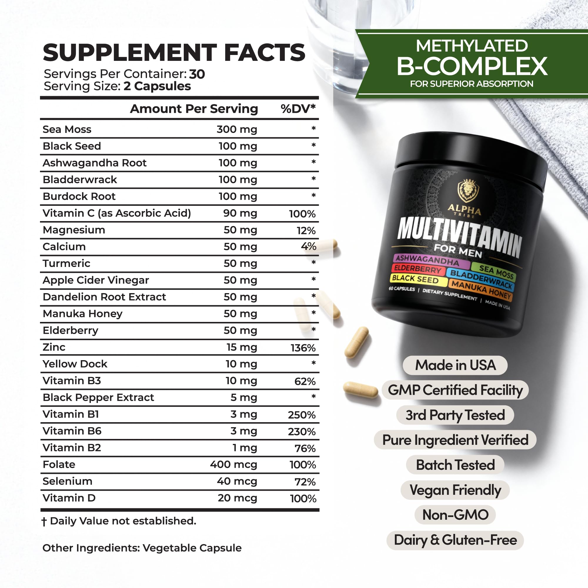 Alpha Tribe Multivitamin for Men & Organizer w/Seamoss Black Seed Oil Ashwagandha Burdock Root Turmeric Bladderwrack Vitamin C | Daily Men's Vitamins & Minerals Supplement | 60 Count Alpha Tribe buy supplements canada