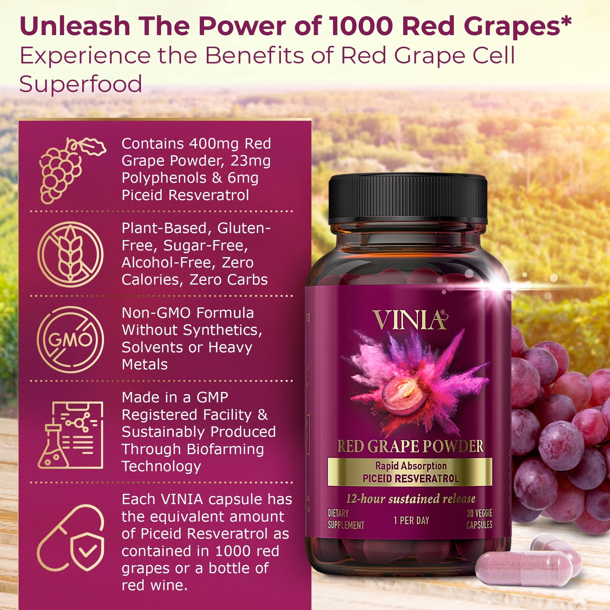 VINIA 12-Hour Sustained Release Piceid Resveratrol Supplement. Nitric Oxide Supplement VINIA buy supplements canada