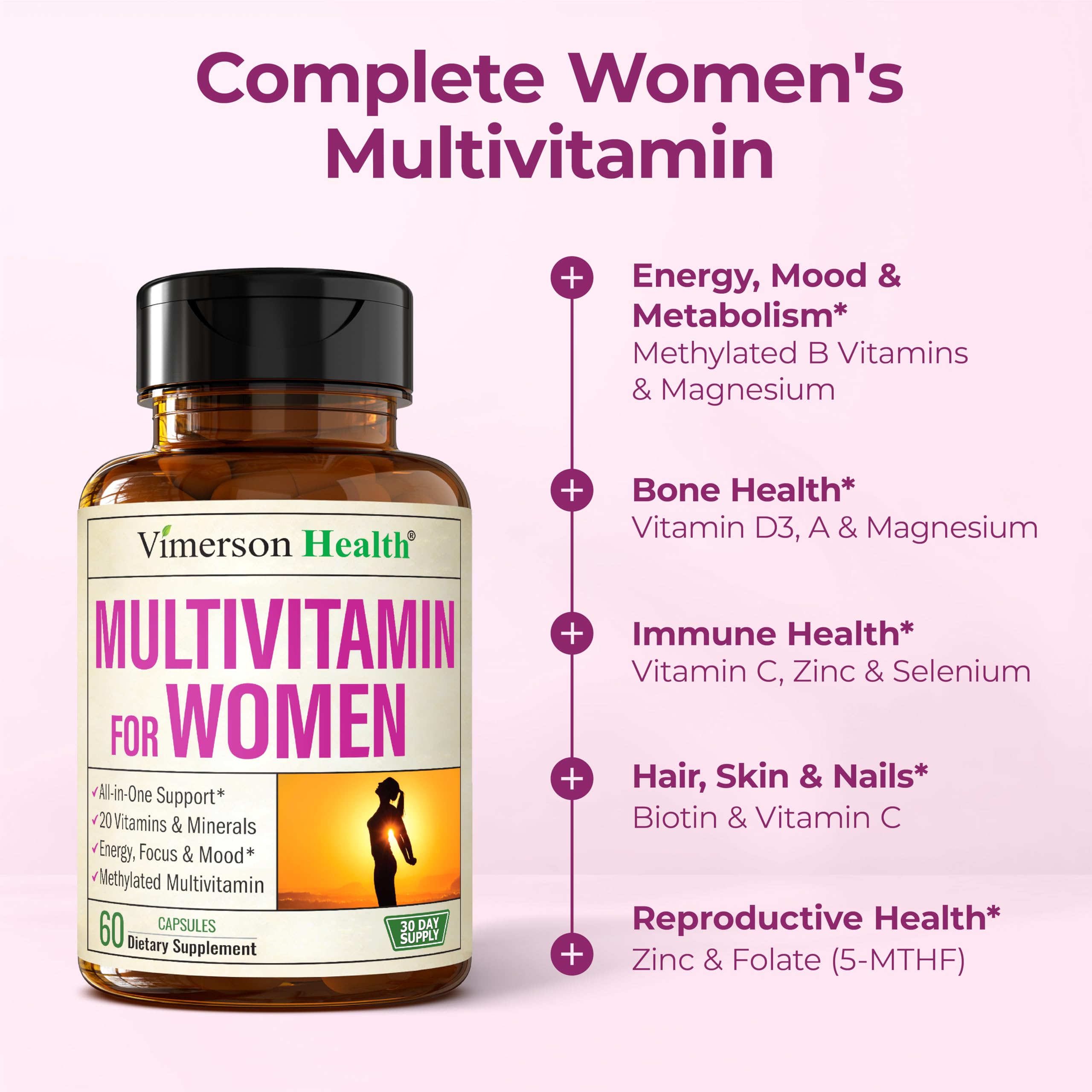 Methylated Multivitamin for Women w/Bioavailable Vitamins, Chelated Minerals, Vitamin D, B12, C, A & Zinc for Energy, Focus and Immune Health Vimerson Health buy supplements canada