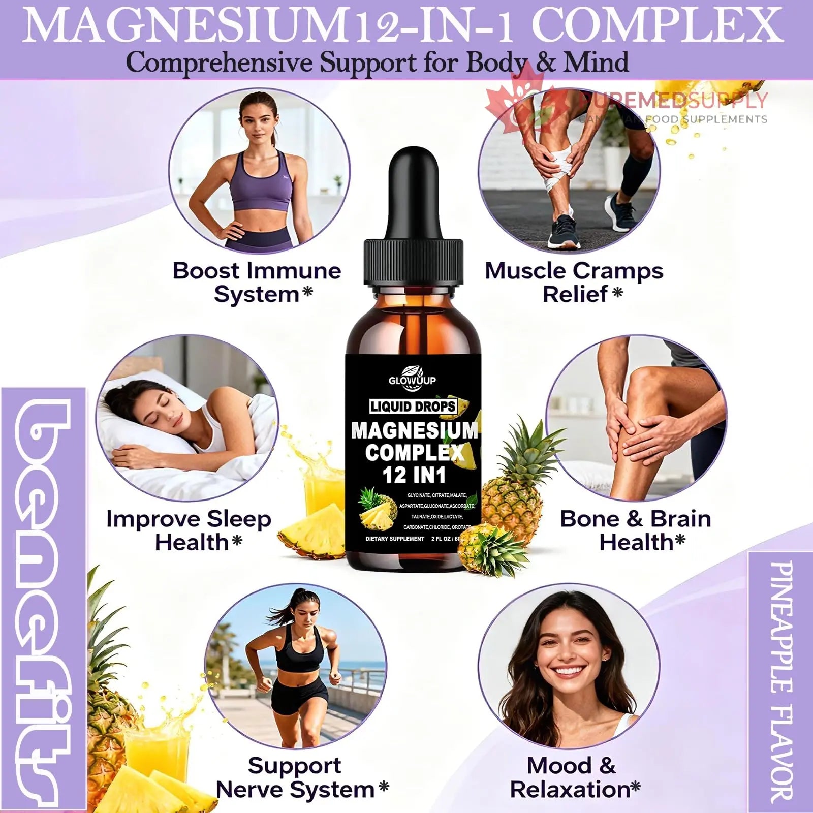 Magnesium 12 in 1 Complex 1000mg Supplement for Women & Men, High Absorption Liquid Magnesium W/Glycinate Citrate Malate Taurate Oxide Aspartate Orotate, Calm Magnesium for Sleep Muscle Heart Support GLOVVUUP buy supplements canada