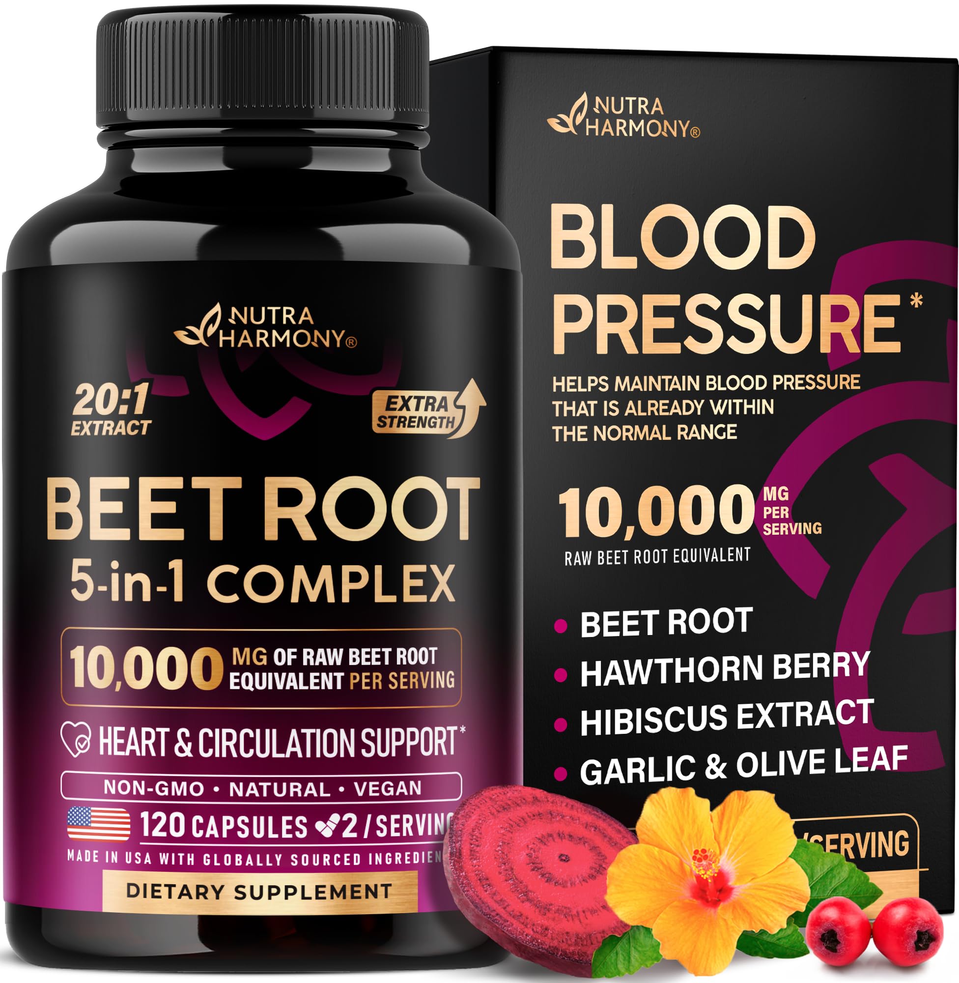 Beet Root 5-in-1 Complex Capsules - Healthy Blood Pressure Support Supplement for Heart & Circulation Support - Olive Leaf, Hawthorn Berry & Hibiscus NUTRAHARMONY buy supplements canada