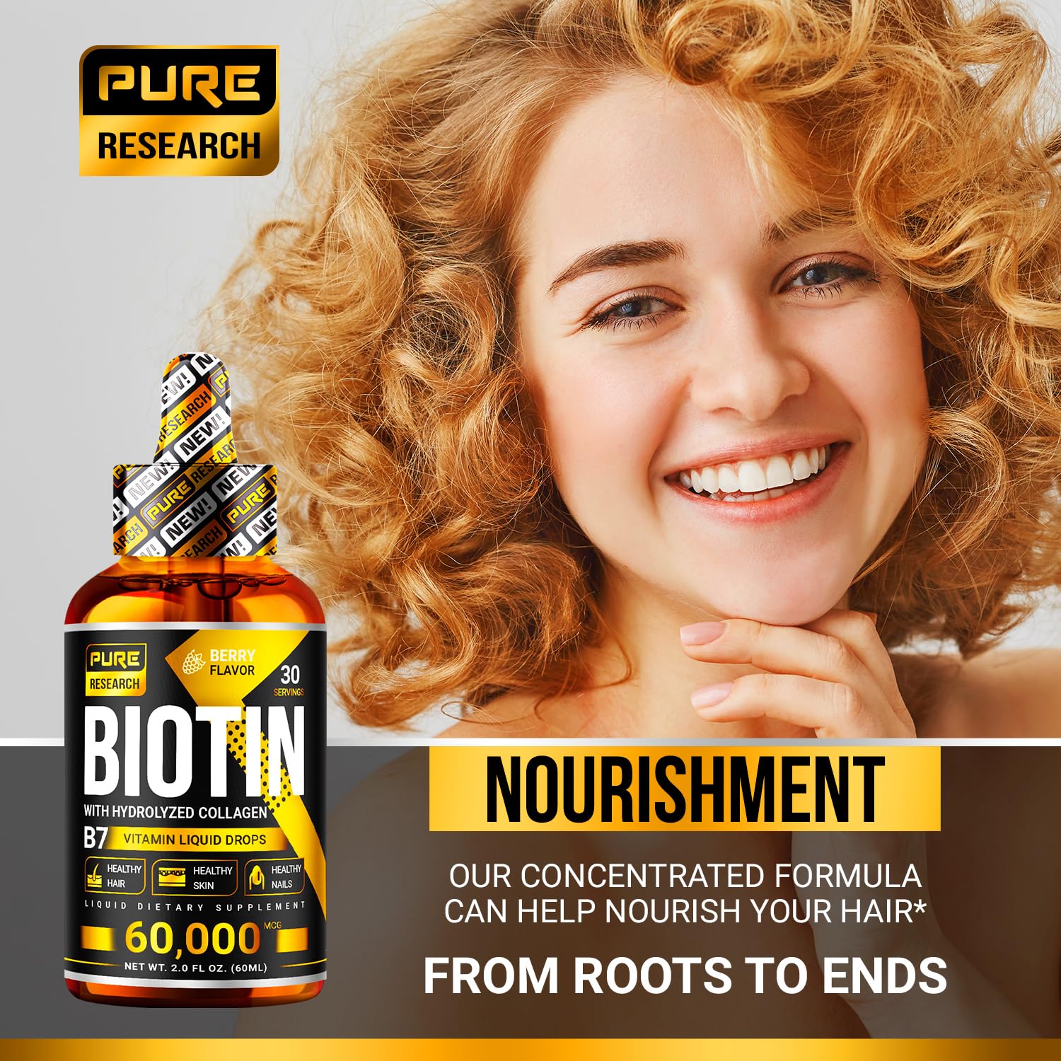 PURE RESEARCH Liquid Biotin & Collagen Hair Growth Drops 60,000mcg – Biotin and Liquid Collagen Supplements for Women & Men – Supports Glowing Skin PURE RESEARCH buy supplements canada