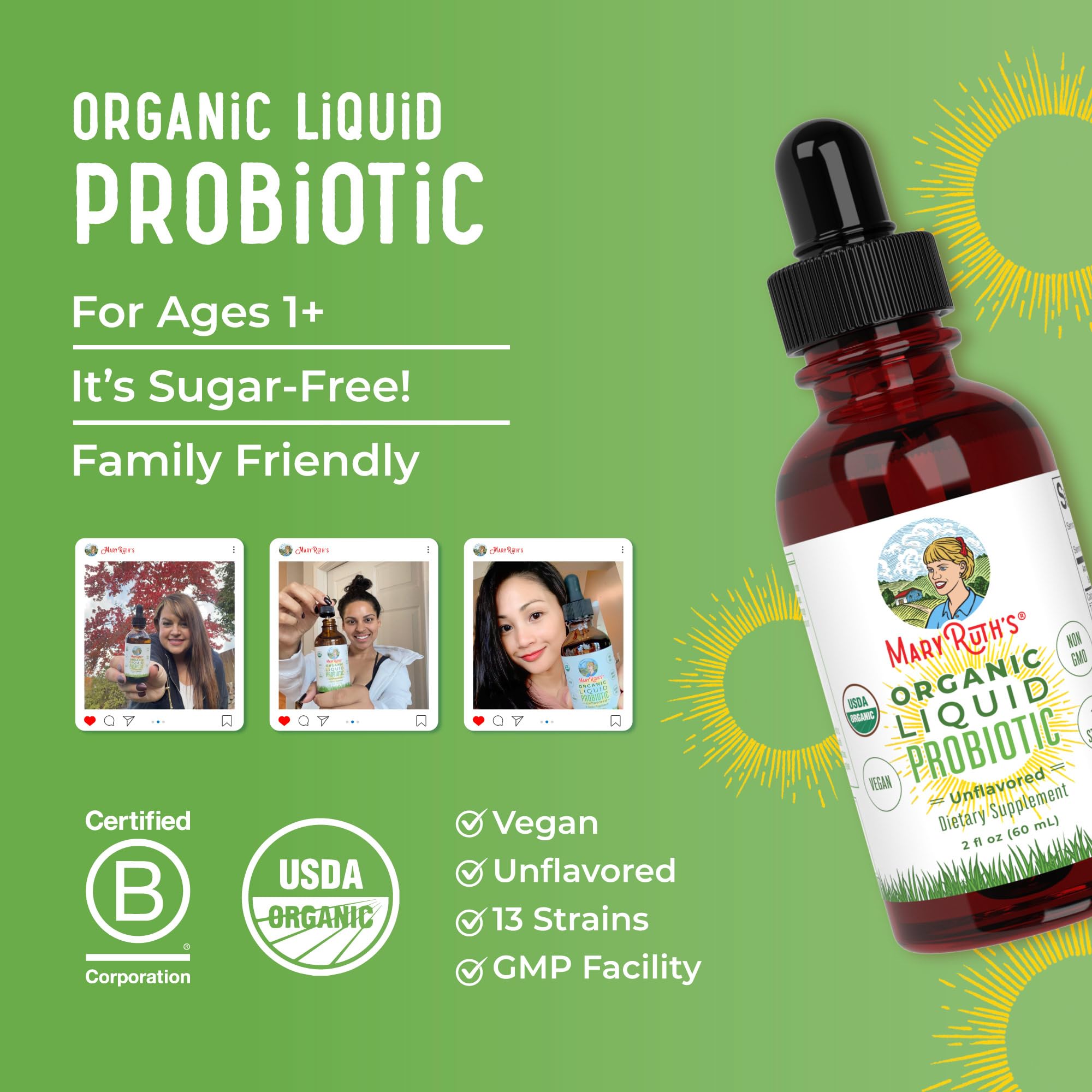 MaryRuth Organics Liquid Probiotic for Ages 4+ | 2 Billion CFU | 13 Probiotic Strains | Gut Health & Digestive Support | Gas & Bloating Support | Vegan | Gluten Free | Travel-Friendly | 20 Servings MARYRUTH'S buy supplements canada