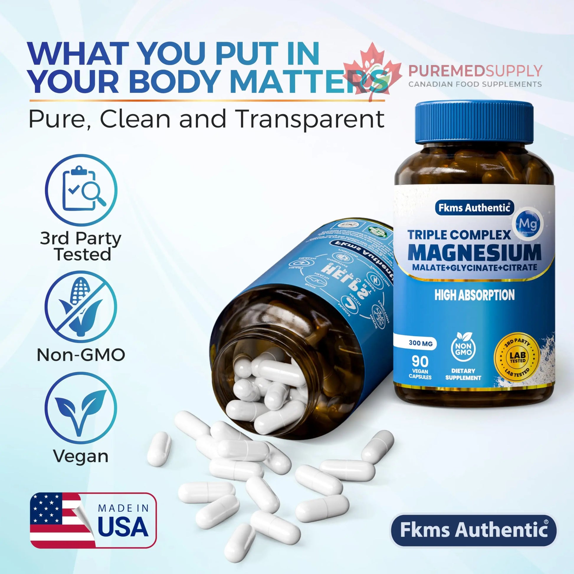 FKMS Authentic Triple Magnesium Complex | 300mg Magnesium Glycinate, Malate & Citrate for Sleep, Stress & Muscle Support | Non-GMO, Vegan, Gentle on Stomach | High Absorption | 90 Capsules FKMS AUTHENTIC buy supplements canada