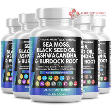 Sea Moss Black Seed Oil Ashwagandha Turmeric Bladderwrack Burdock & Vitamin C Vitamin D3 with Elderberry Manuka Dandelion Yellow Dock Iodine Chlorophyll ACV - 5Pack Clean Nutraceuticals buy supplements canada