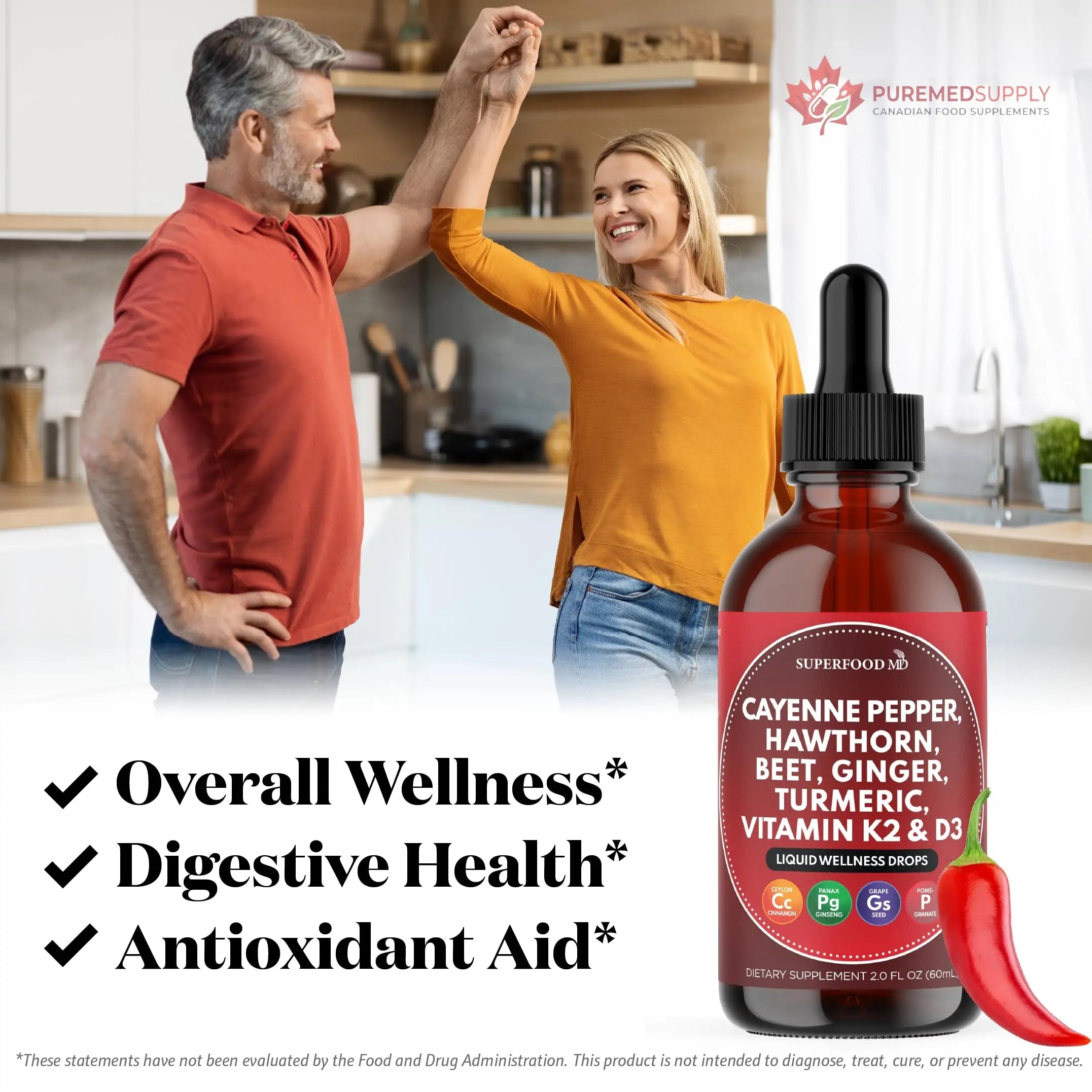 Cayenne Pepper Supplement Liquid Drops + Hawthorn Berry, Vitamin D3 K2 Beet Root Powder, Ceylon Cinnamon, Turmeric Curcumin, Organic Panax Ginseng - 4 OZ Superfood MD buy supplements canada