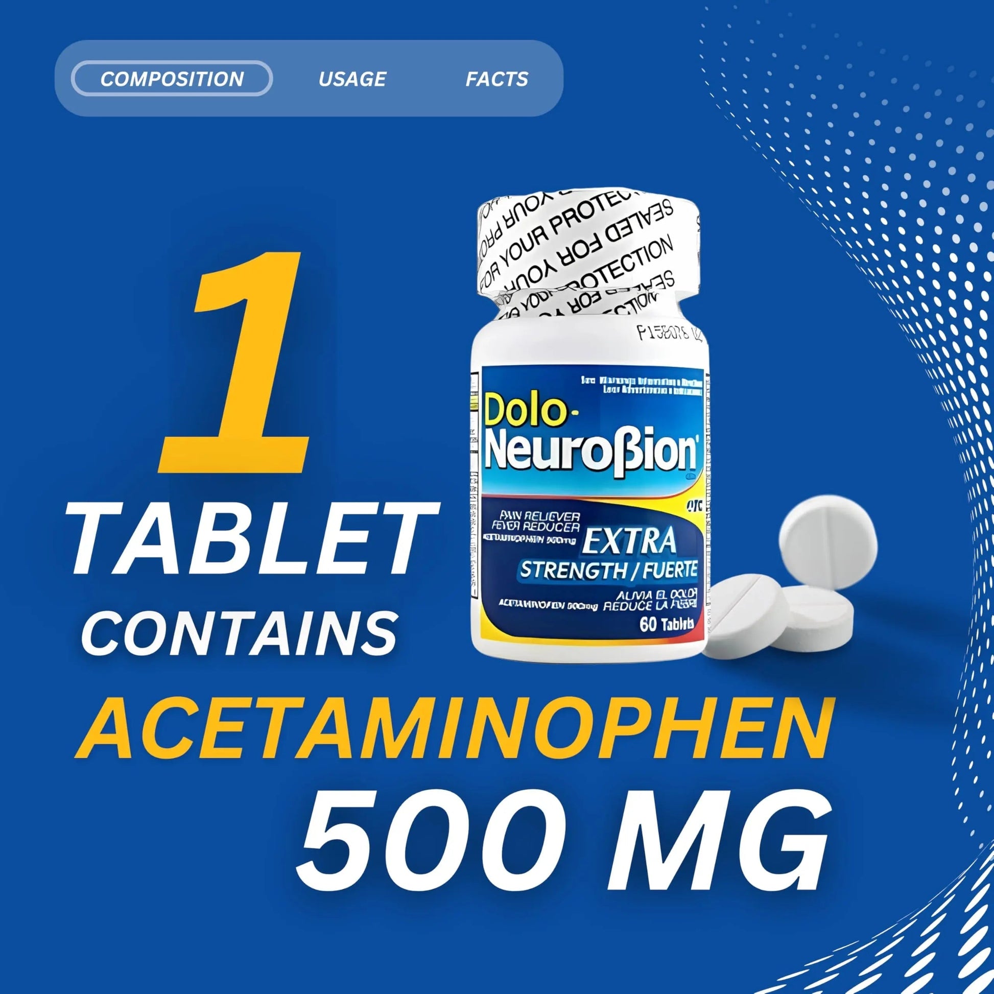 Dolo Neurobion Pain Reliever, Fever Reducer, Extra Strength. Alivia el Dolor,Reduce la Fiebre, Extra Fuerte. 60 Tablets. Acetaminophen 500 mg Neurobion buy supplements canada