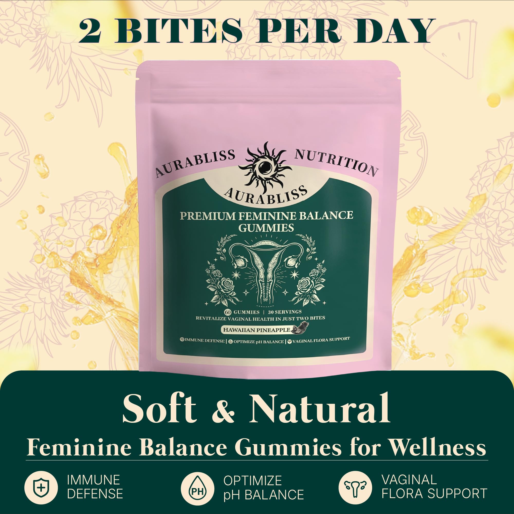 Premium Feminine Balance Gummies for Women - Hawaiian Pineapple Gummies for Women PH Balance Wellness, Immune Support, Vegan Daily Supplement for Odor and Flora Health , 60 Counts - 30 Servings Aurabliss buy supplements canada