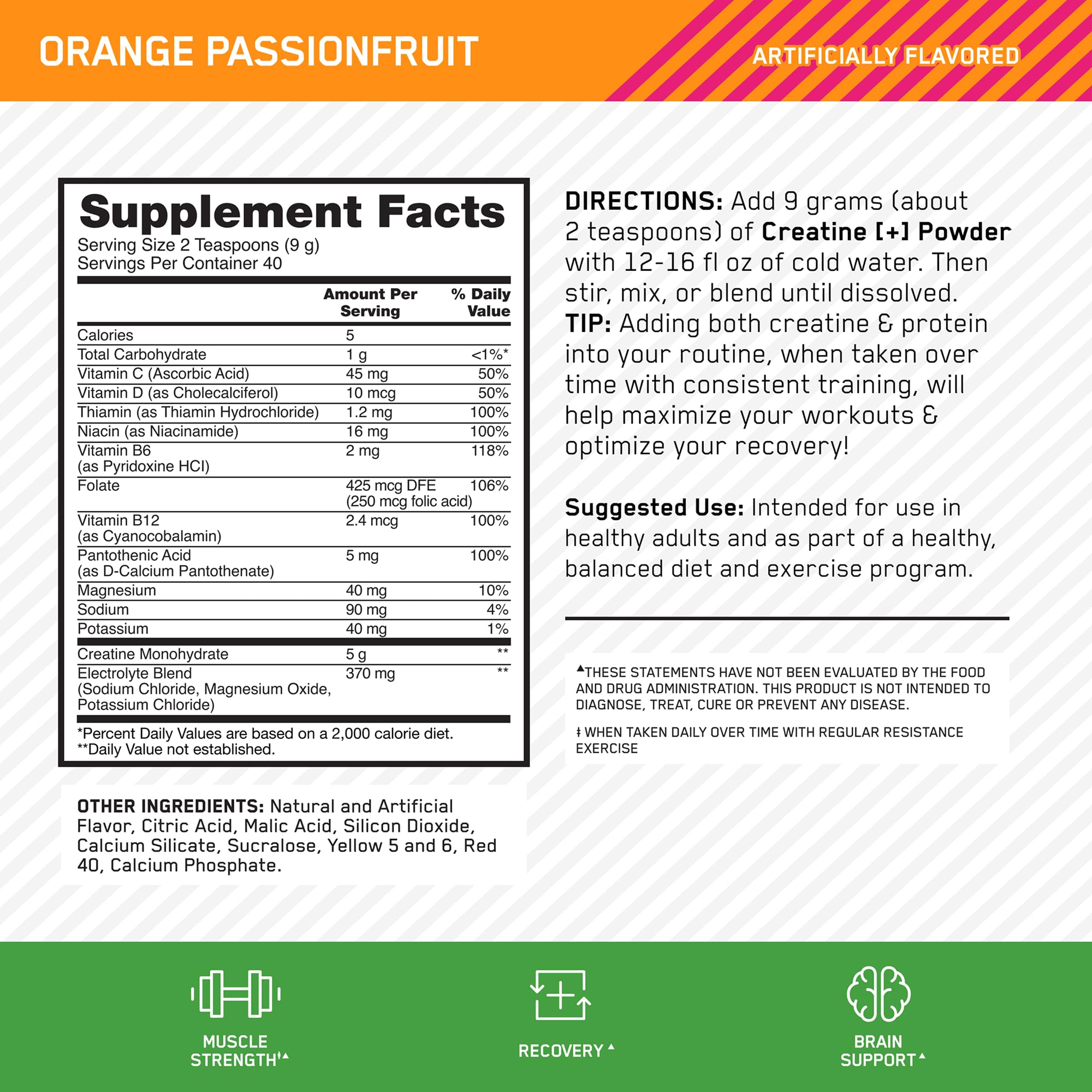 Optimum Nutrition Creatine Monohydrate Plus Powder, Orange Passionfruit Flavored Creatine Performance Blend With Electrolytes for Hydration, Added Vitamins, 40 Servings, 360 Grams (Packaging May Vary) Optimum Nutrition buy supplements canada