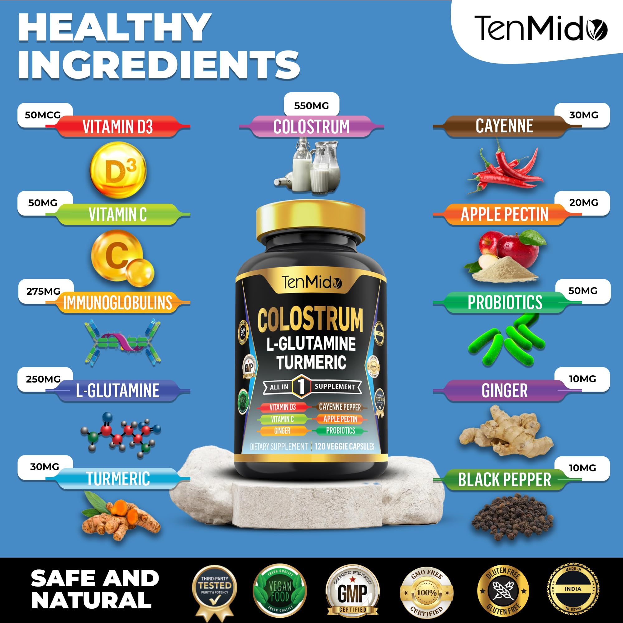 Tenmido Colostrum Supplement - 10in1 Formula - Combine with L- Glutamine, Turmeric, Cayenne Pepper, Apple Pectin, Probiotics, Ginger, and More - Digestive Health, Immune Support - 120 Capsules Tenmido buy supplements canada