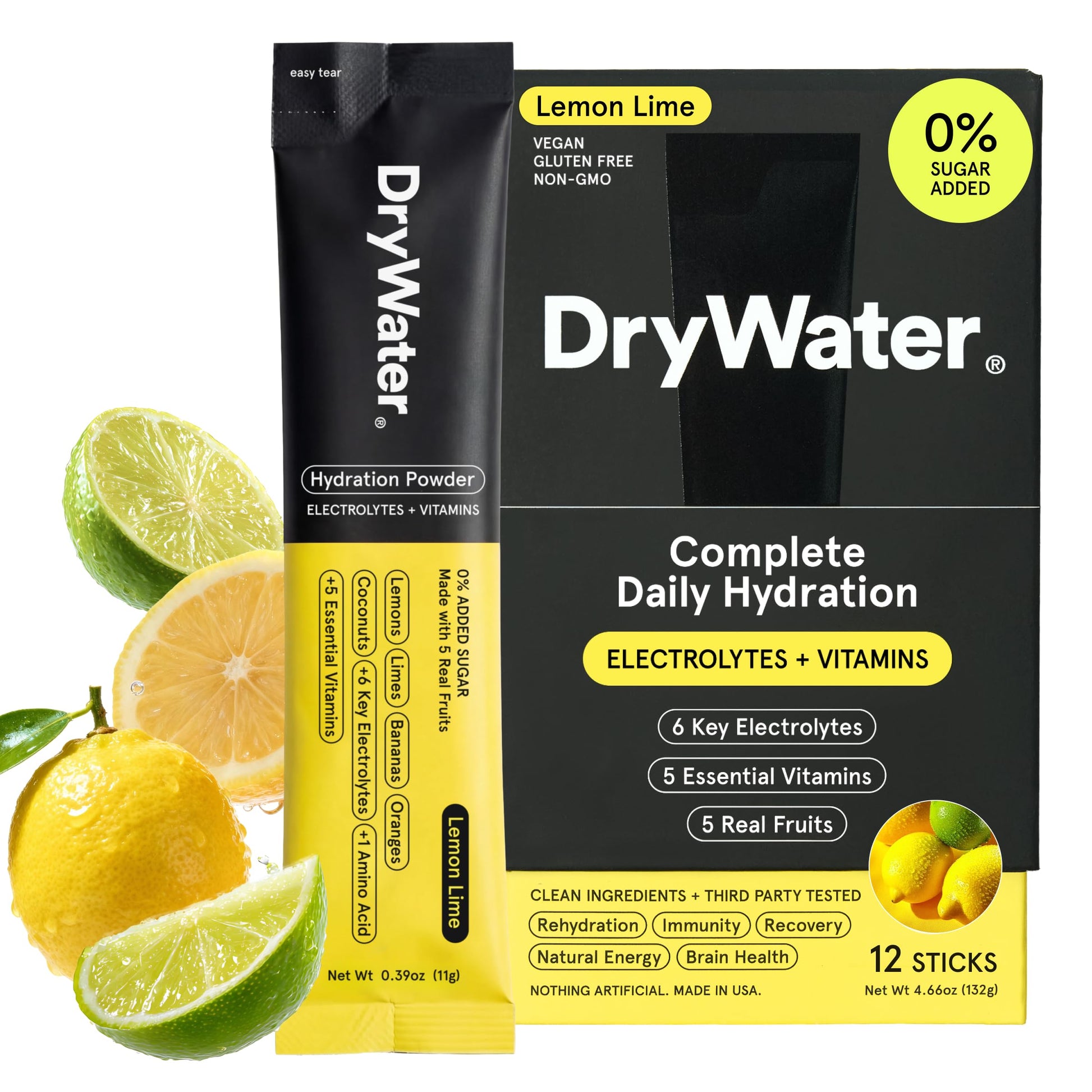 DryWater Electrolyte Powder Packets, Lemon Lime - Hydration Packets Drink Mix with Zero Added Sugar for Rehydration & Energy - 6 Key Electrolytes DryWater buy supplements canada