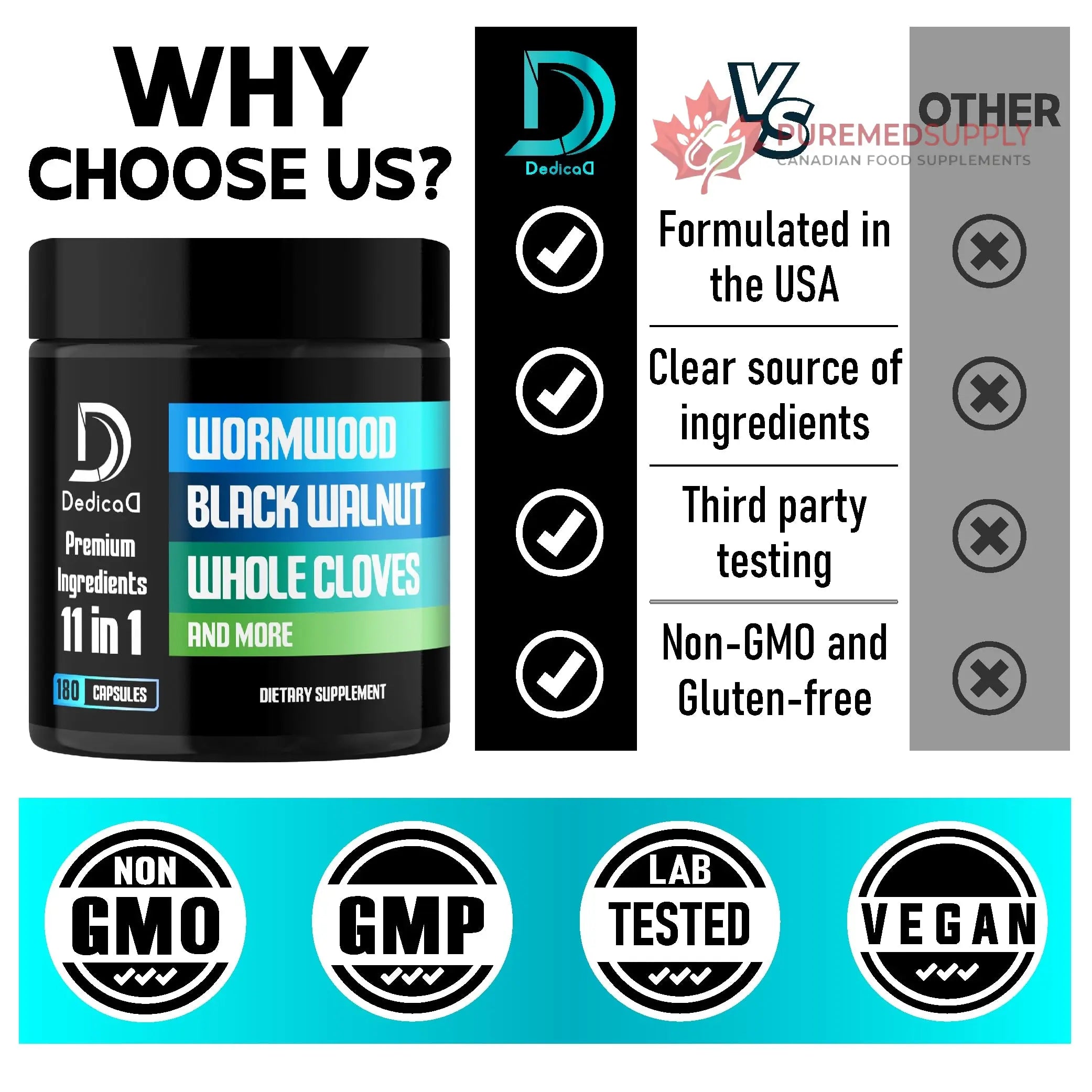 DEDICAD 11in1 Wormwood Capsules - 180 Capsules Extracted from Black Walnut, Cloves, Ginger, Turmeric, Apple, Berberine HCl & More - Support Immune System for 3 Months DEDICAD buy supplements canada