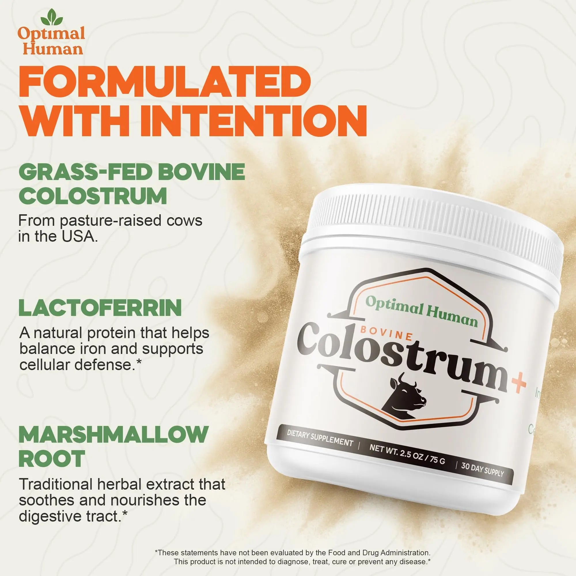 O H Optimal Human Bovine Colostrum Powder with Marshmallow Root – Gut & Immune Support Colostrum Supplement Capsules with IgG & Protein – Non-GMO, GMP Certified, Made in USA – Unflavored 30 Servings O H buy supplements canada