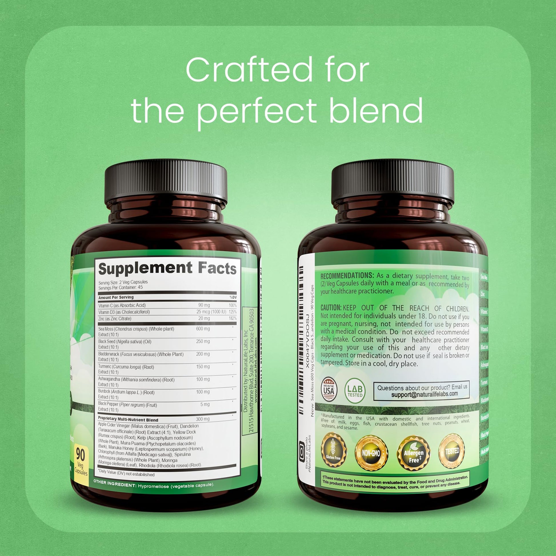 Sea Moss, Black Seed Oil, Bladderwrack, Turmeric, Ashwagandha, Burdock, Vitamin C, D3, Yellow Dock Root, Manuka, Dandelion - 90 Veggie caps NaturaLife Labs buy supplements canada