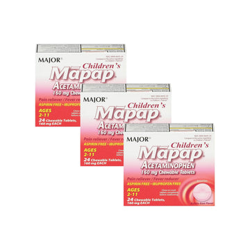 MAJOR Children’s Mapap Acetaminophen 160 mg Chewable Tablets - Pain Reliever/Fever Reducer - Aspirin Free - Ibuprofen Free - for Ages 2 to 11-24 Count (3 Pack) MAJOR buy supplements canada