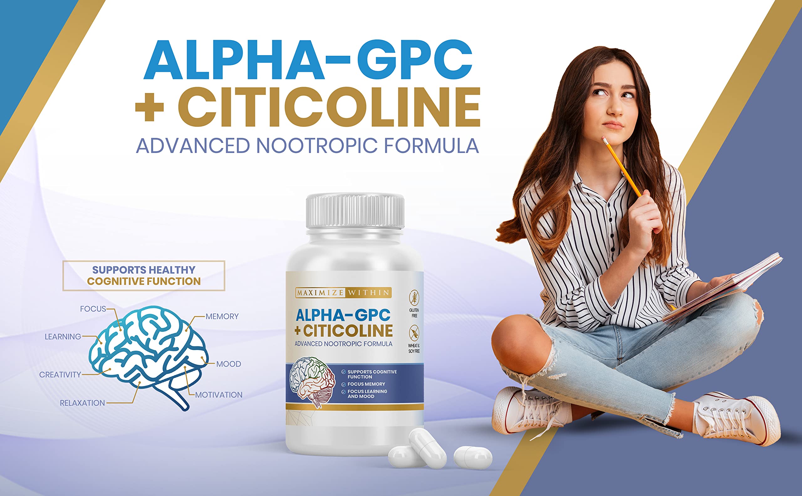 Maximize Within Alpha GPC + Citicoline 60 Ct, 1600mg Concentrated Formula- 99%+Highly Purified & Bioavailable Nootropic-Cognitive Enhancer, Supports Memory, Brain Function, Boosts Focus, Mood & Energy Maximize Within buy supplements canada