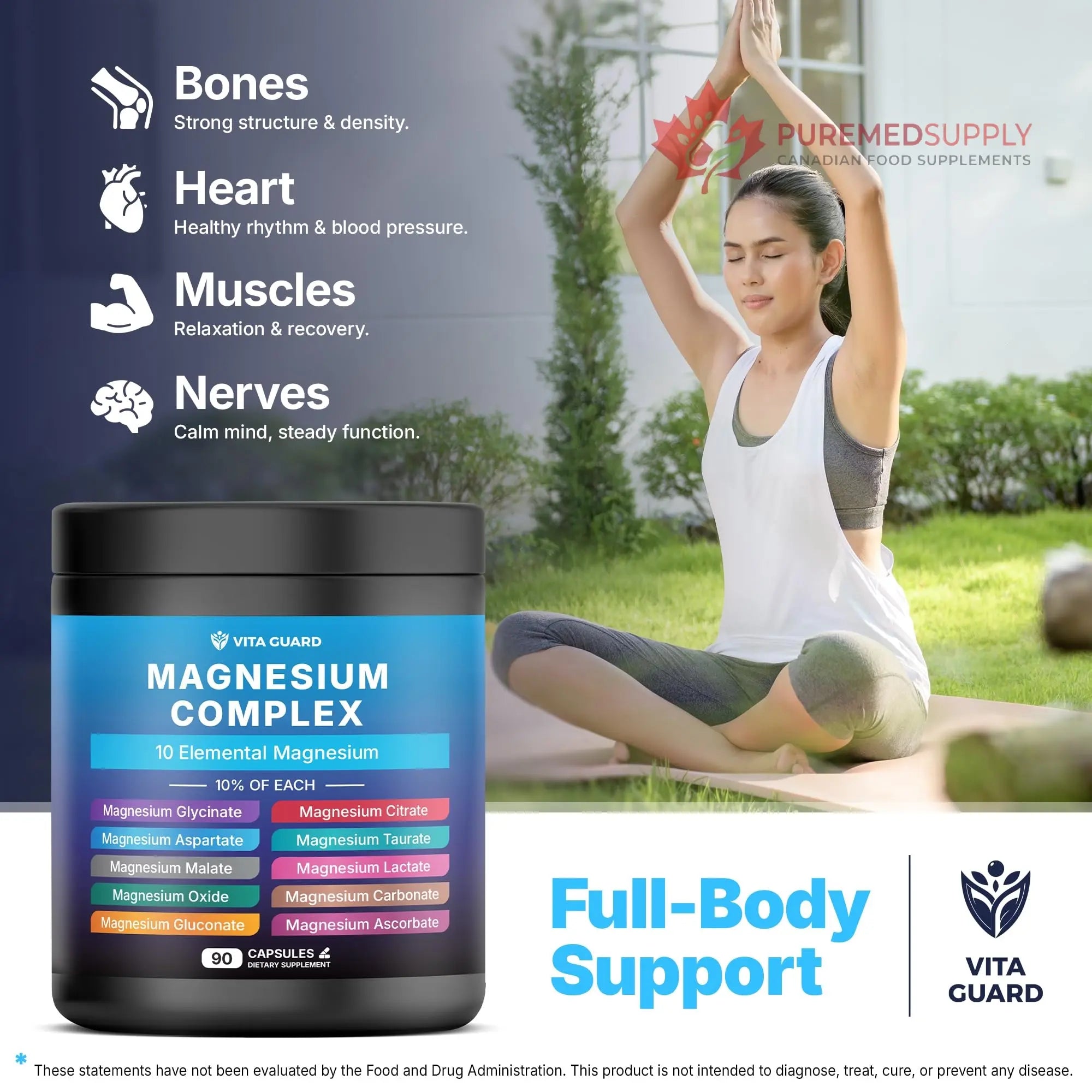 Vita Guard Magnesium Complex 1480mg – 10-in-1 with Glycinate, Citrate, Malate & More – High Absorption – Sleep, Muscle, Nerve & Heart Support – 90 Vegan Capsules – Non-GMO, Gluten-Free, No Sugar Vita Guard buy supplements canada