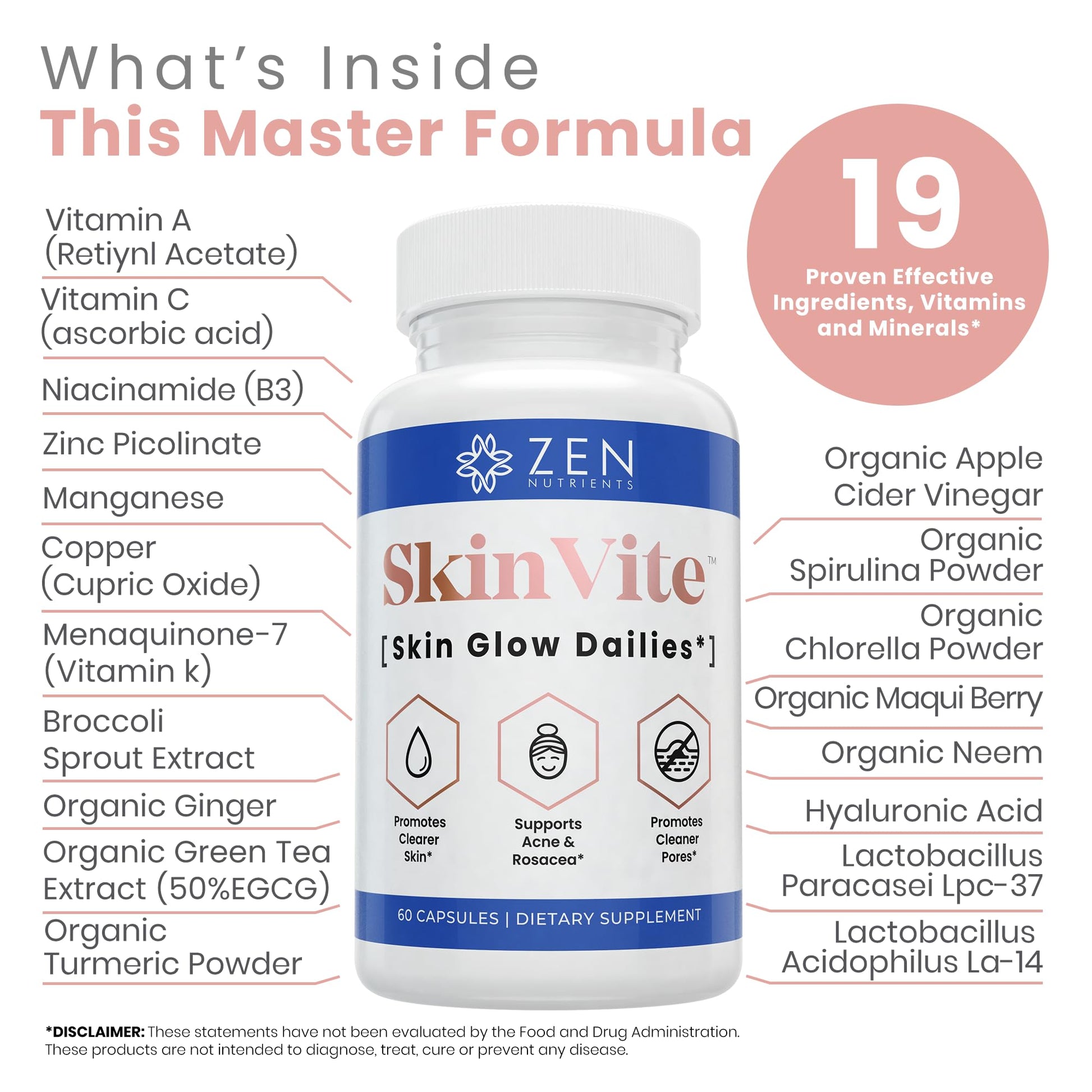 Zen Nutrients SkinVite Natural Skin Supplement for Women, Men & Teens - Hormonal Breakouts & Clear Skin Support Supplement - Detoxifying Vitamin for Acne and Digestion Support Zen Nutrients buy supplements canada