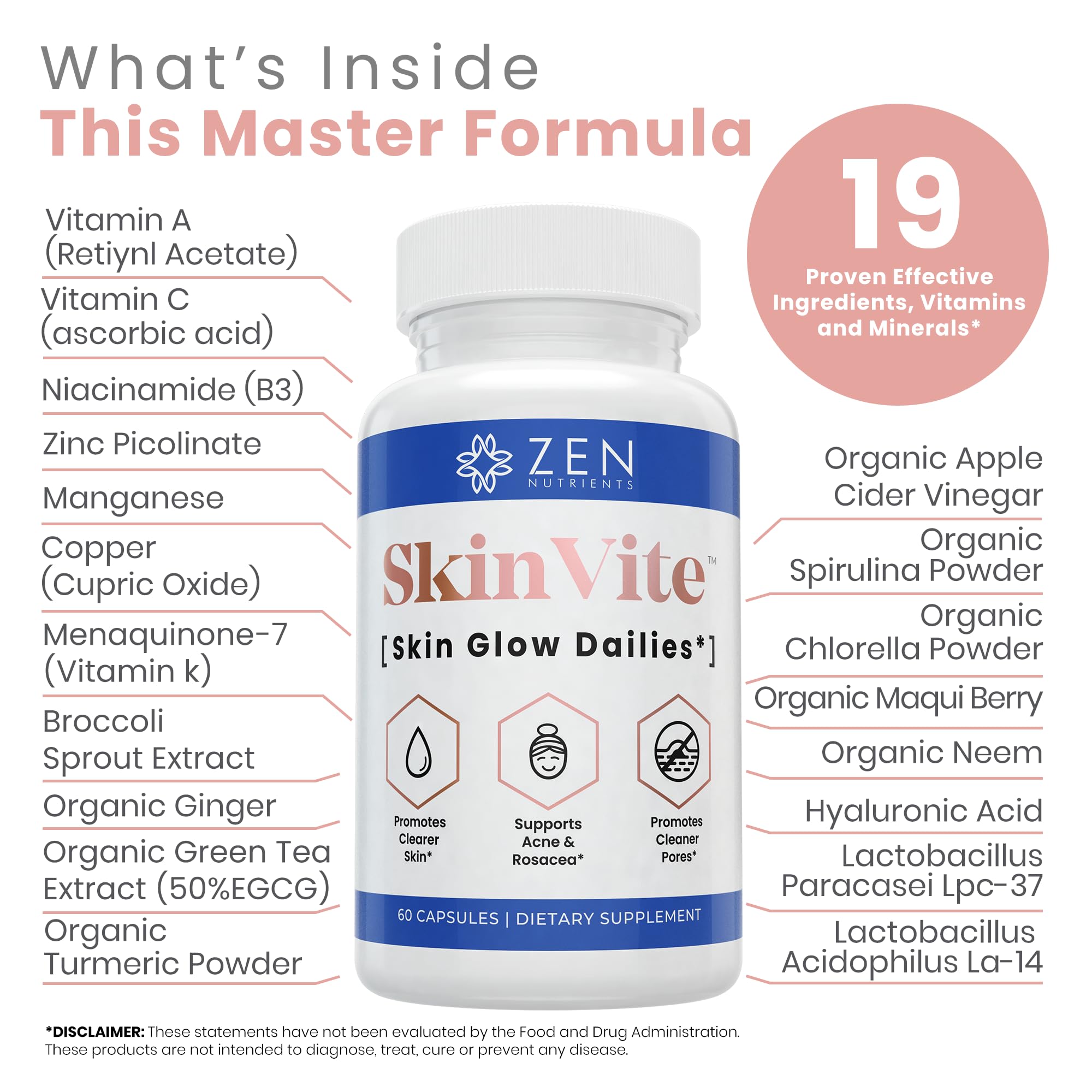 Zen Nutrients SkinVite Natural Skin Supplement for Women, Men & Teens - Hormonal Breakouts & Clear Skin Support Supplement - Detoxifying Vitamin for Acne and Digestion Support Zen Nutrients buy supplements canada