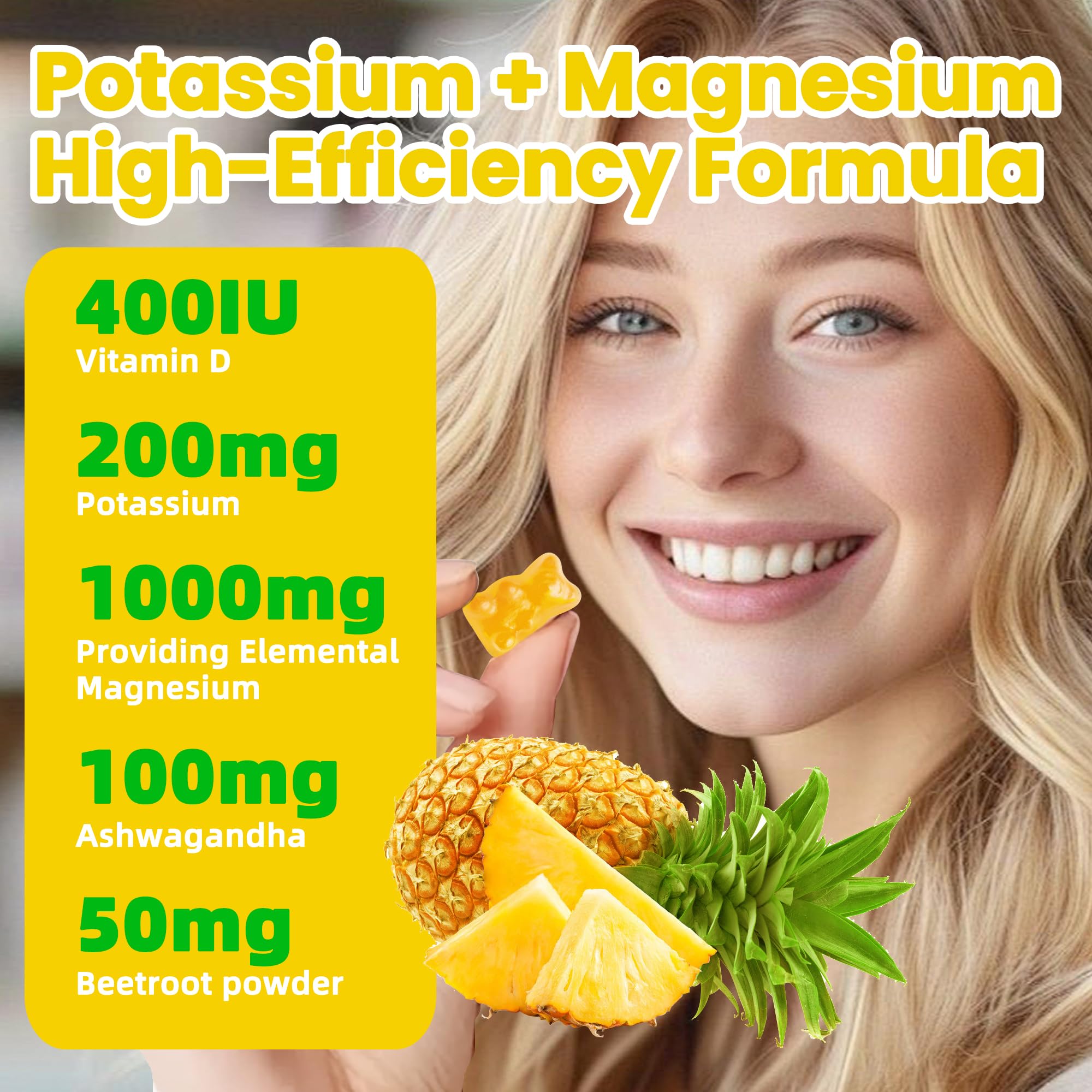 Potassium Magnesium Gummies,High Absorption Magnesium Glycinate,B6,D3,Potassium Citrate for Leg Cramps,Muscle,Electroyte for Adults Kids,Sugar-Free, 60 Gummies (Pineapple) Wekannufod buy supplements canada