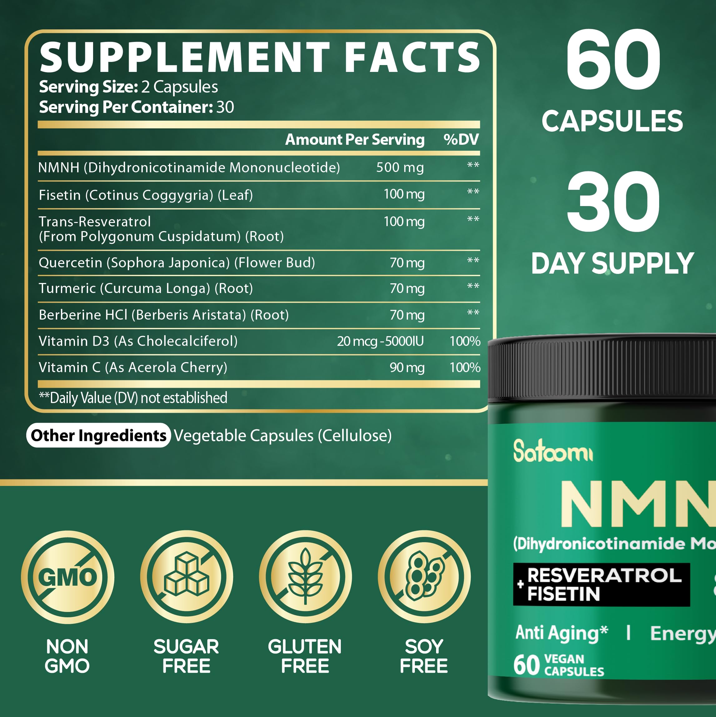 Satoomi 8in1 NMNH - NMN Supplement Alternative - NAD Supplement to Support NAD Levels Added Fisetin, Resveratrol, Quercetin, Turmeric, Berberine, Vitamin D3 & C - 60 Count for 30 Days Satoomi buy supplements canada