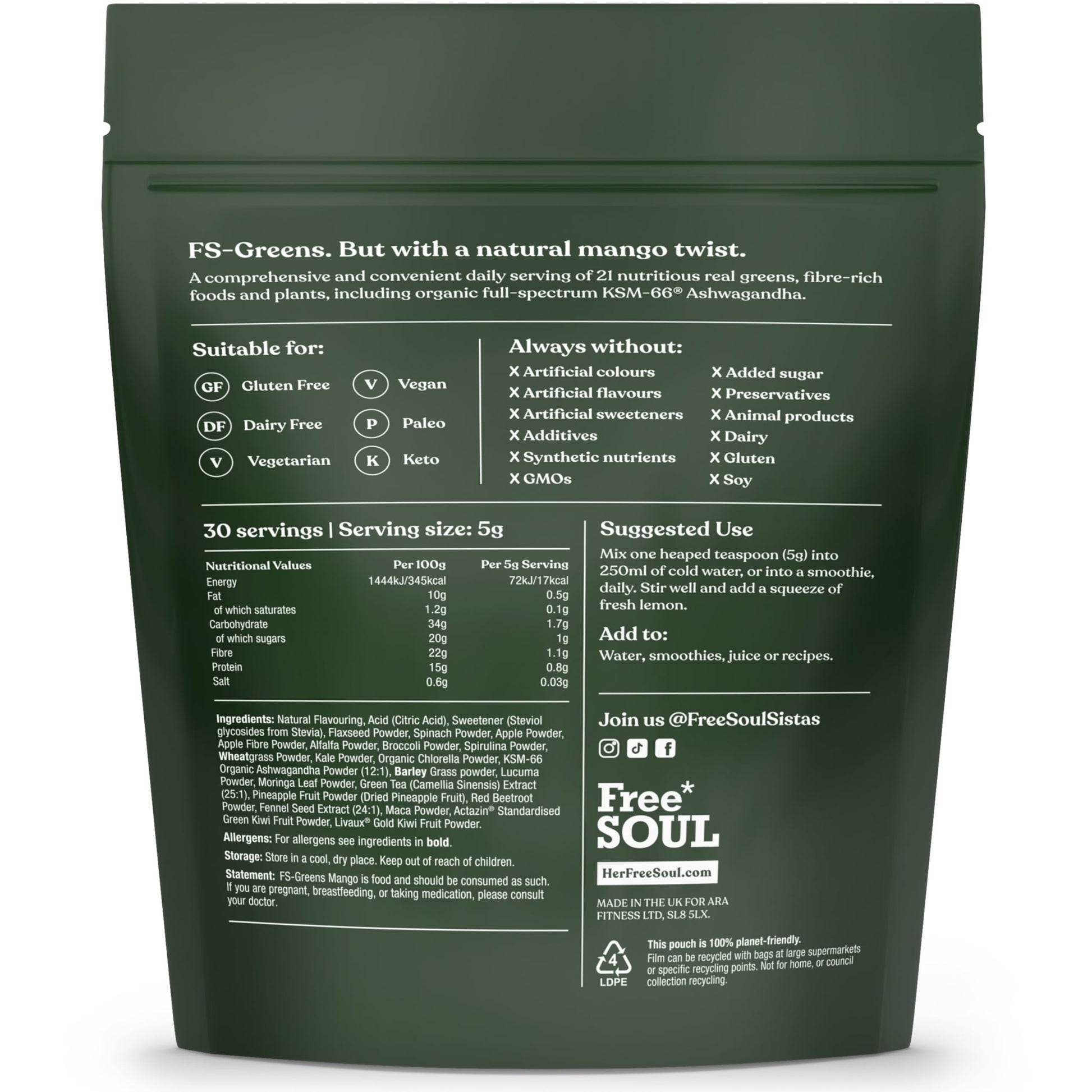 FS-Greens | 21 Advanced Greens, Superfoods, and Adaptogens Including KSM-66 Free Soul buy supplements canada