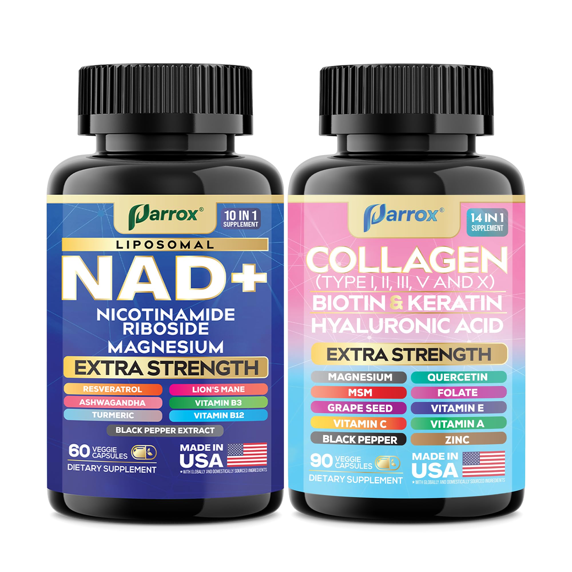 Parrox Forever Young Set with Liposomal NAD, Nicotinamide Riboside, Magnesium, Resveratrol, Lion's Mane, Collagen Peptides Types I, II, III, V and X, Biotin & Keratin, Hyaluronic Acid, Zinc, Quercetin Parrox buy supplements canada