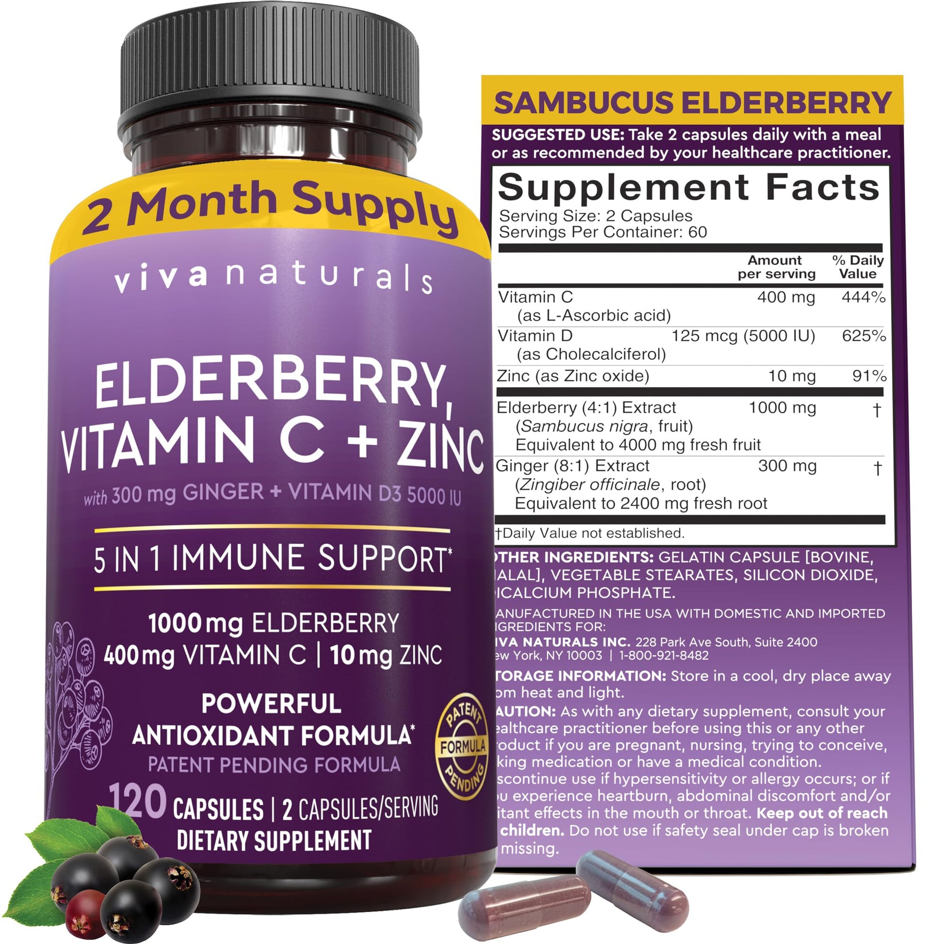 Viva Naturals Elderberry with Vitamin C and Zinc for Adults - 5 in 1 Sambucus Black Elderberry Capsules with Vitamin D3 5000 IU Immunity Supplement Viva Naturals buy supplements canada