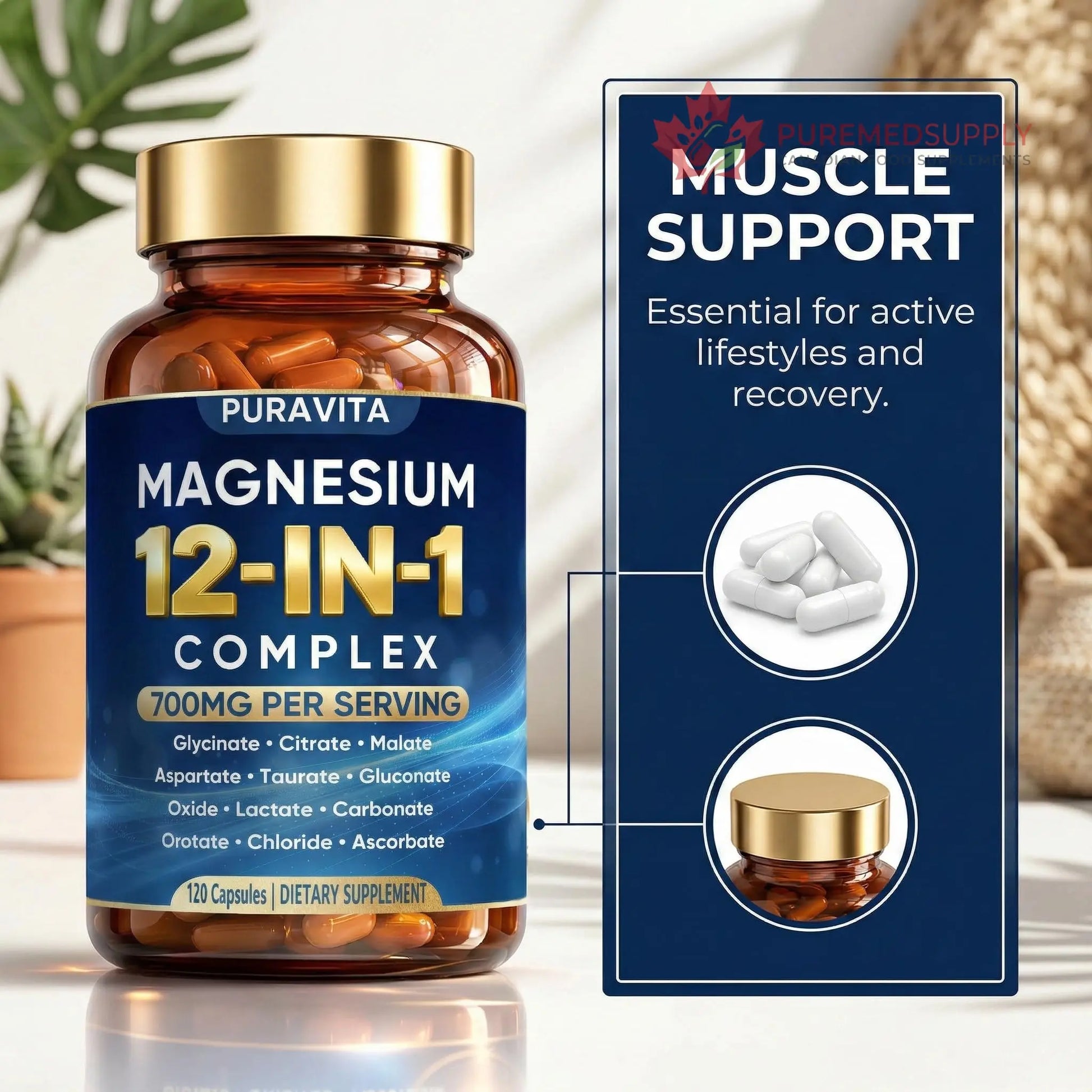 Puravita 12 in 1 Magnesium Complex Capsules - 700mg High Absorption Blend with Glycinate, Citrate, Malate, Oxide & Taurate. Supports Muscle Function, Nerve Health & Relaxation - 120 Capsules (1) PURAVITA buy supplements canada