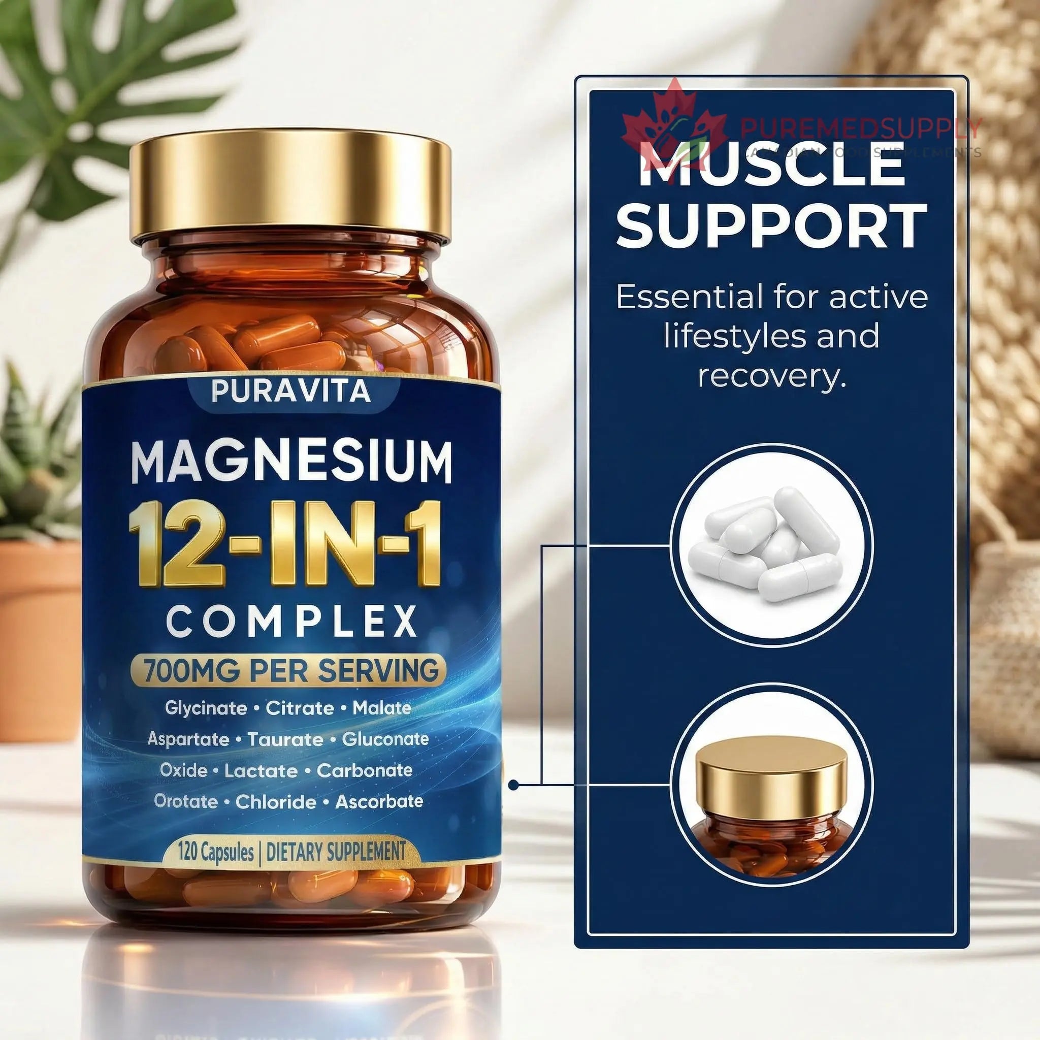 Puravita 12 in 1 Magnesium Complex Capsules - 700mg High Absorption Blend with Glycinate, Citrate, Malate, Oxide & Taurate. Supports Muscle Function, Nerve Health & Relaxation - 120 Capsules (1) PURAVITA buy supplements canada