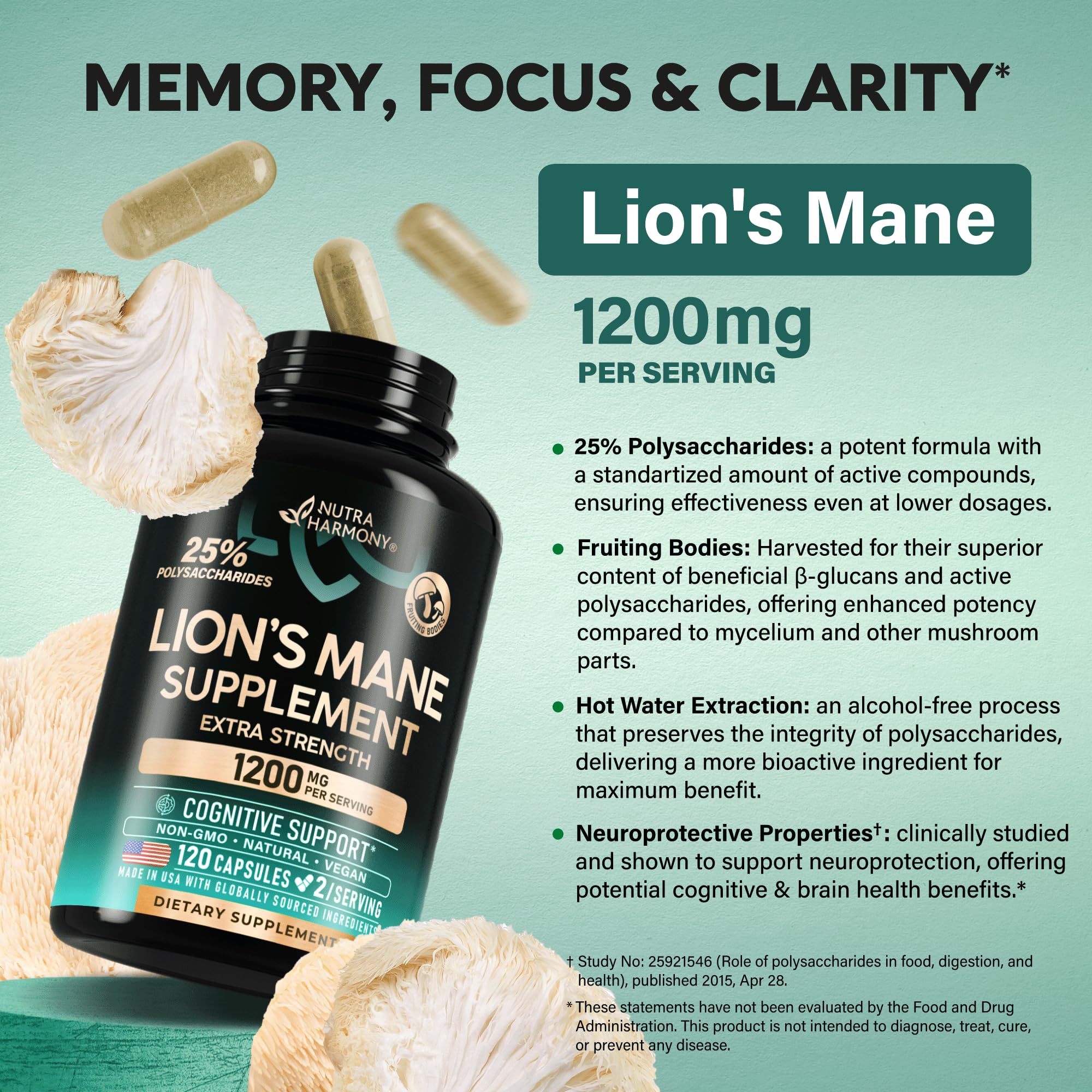 Lions Mane Supplement Capsules - Organic Lions Mane - Made in USA - Fruiting Bodies Extract - 1200 mg, 25% Polysaccharides - Memory & Focus Support NUTRAHARMONY buy supplements canada