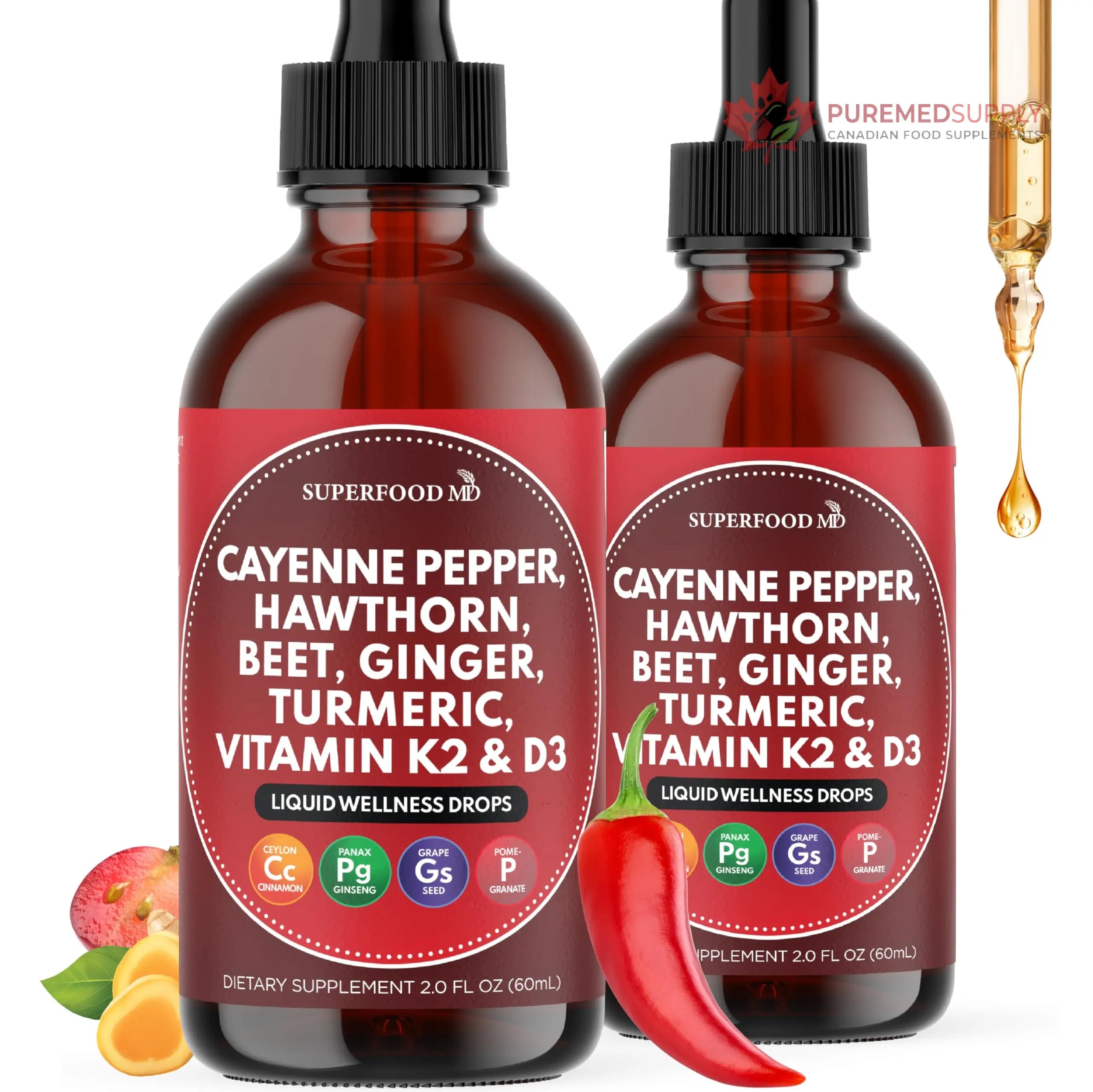 Cayenne Pepper Supplement Liquid Drops + Hawthorn Berry, Vitamin D3 K2 Beet Root Powder, Ceylon Cinnamon, Turmeric Curcumin, Organic Panax Ginseng - 4 OZ Superfood MD buy supplements canada