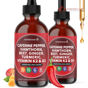 Cayenne Pepper Supplement Liquid Drops + Hawthorn Berry, Vitamin D3 K2 Beet Root Powder, Ceylon Cinnamon, Turmeric Curcumin, Organic Panax Ginseng - 4 OZ Superfood MD buy supplements canada