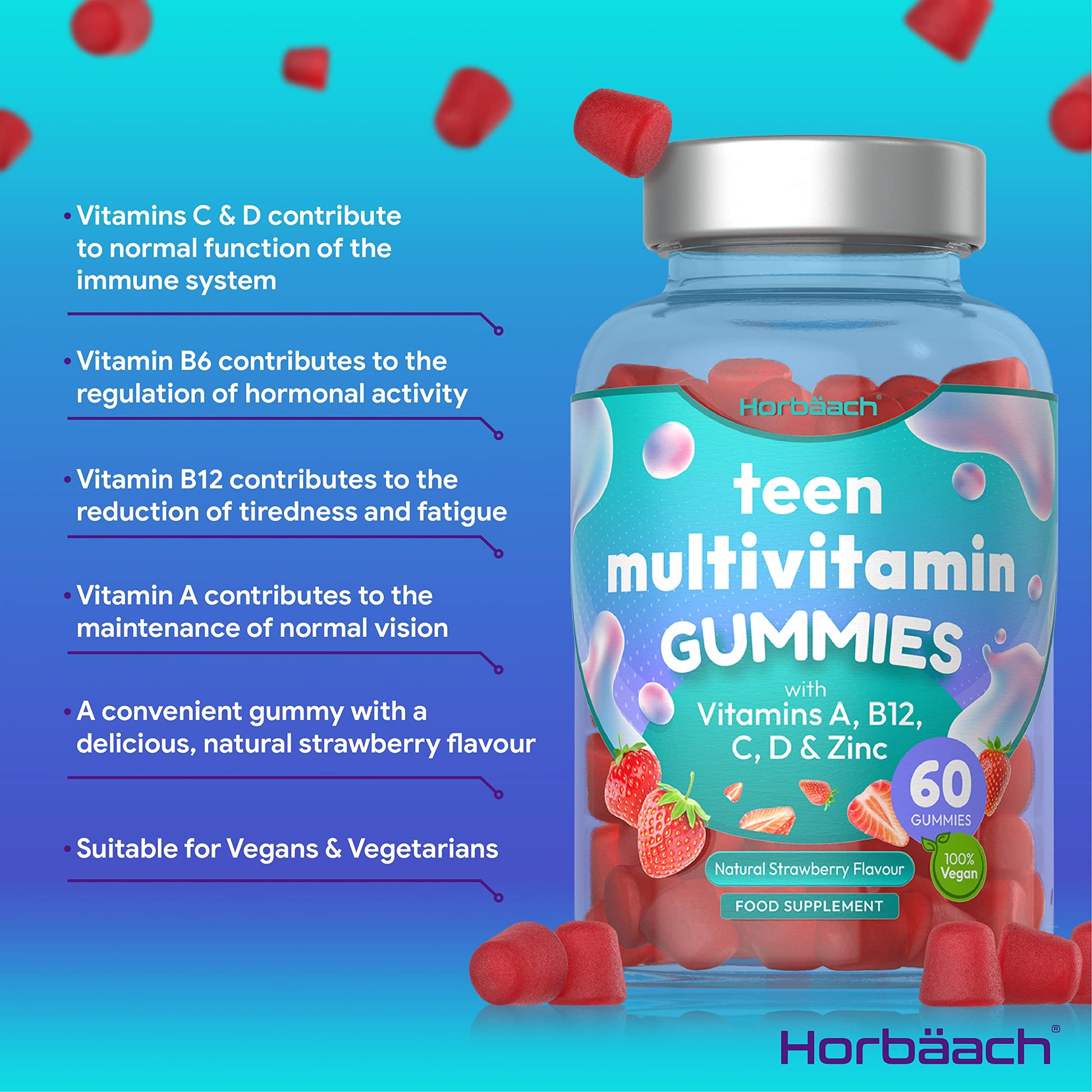 Multivitamins for Teens | 60 Vegan Gummies | 14 Essential Nutrients | with Vitamin A, B12 Horbäach buy supplements canada