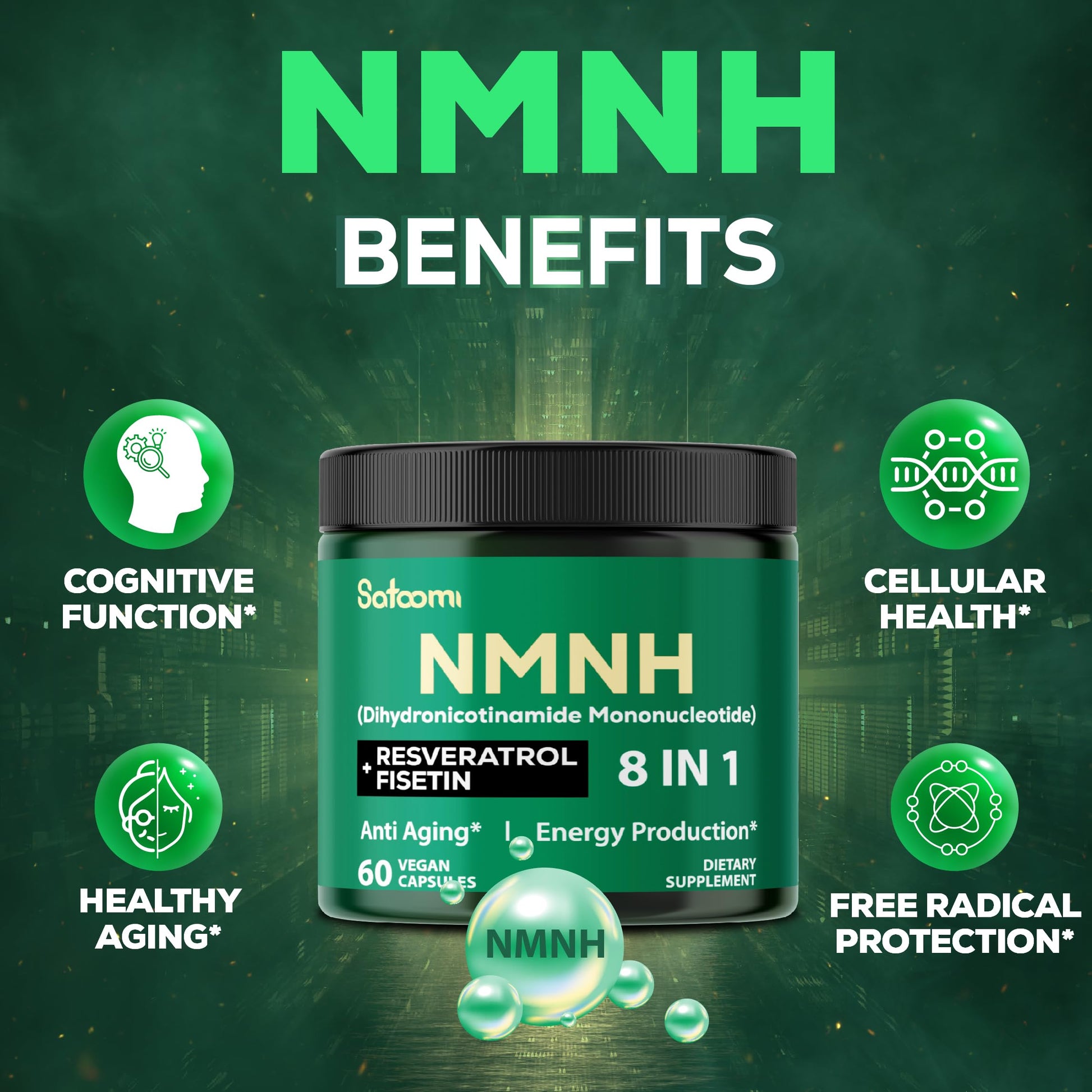 Satoomi 8in1 NMNH - NMN Supplement Alternative - NAD Supplement to Support NAD Levels Added Fisetin, Resveratrol, Quercetin, Turmeric, Berberine, Vitamin D3 & C - 60 Count for 30 Days Satoomi buy supplements canada