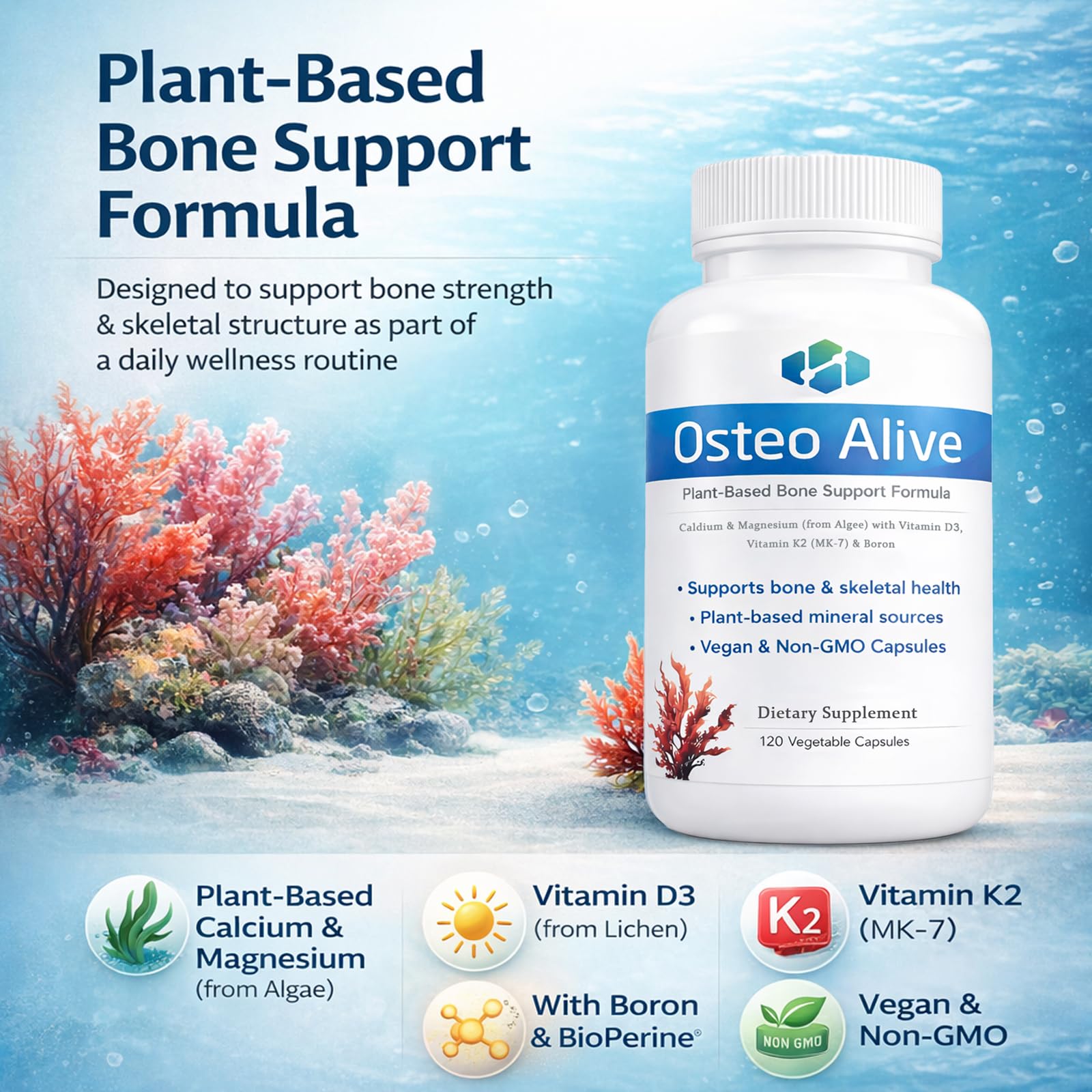 AIFBENK Osteo Alive Bone Support, with Plant-Based Calcium & Magnesium (from Algae), Vitamin D3 (from Lichen), Vitamin K2 (MK-7), Boron & BioPerine, Helps Support Bone & Skeletal Health AIFBENK buy supplements canada