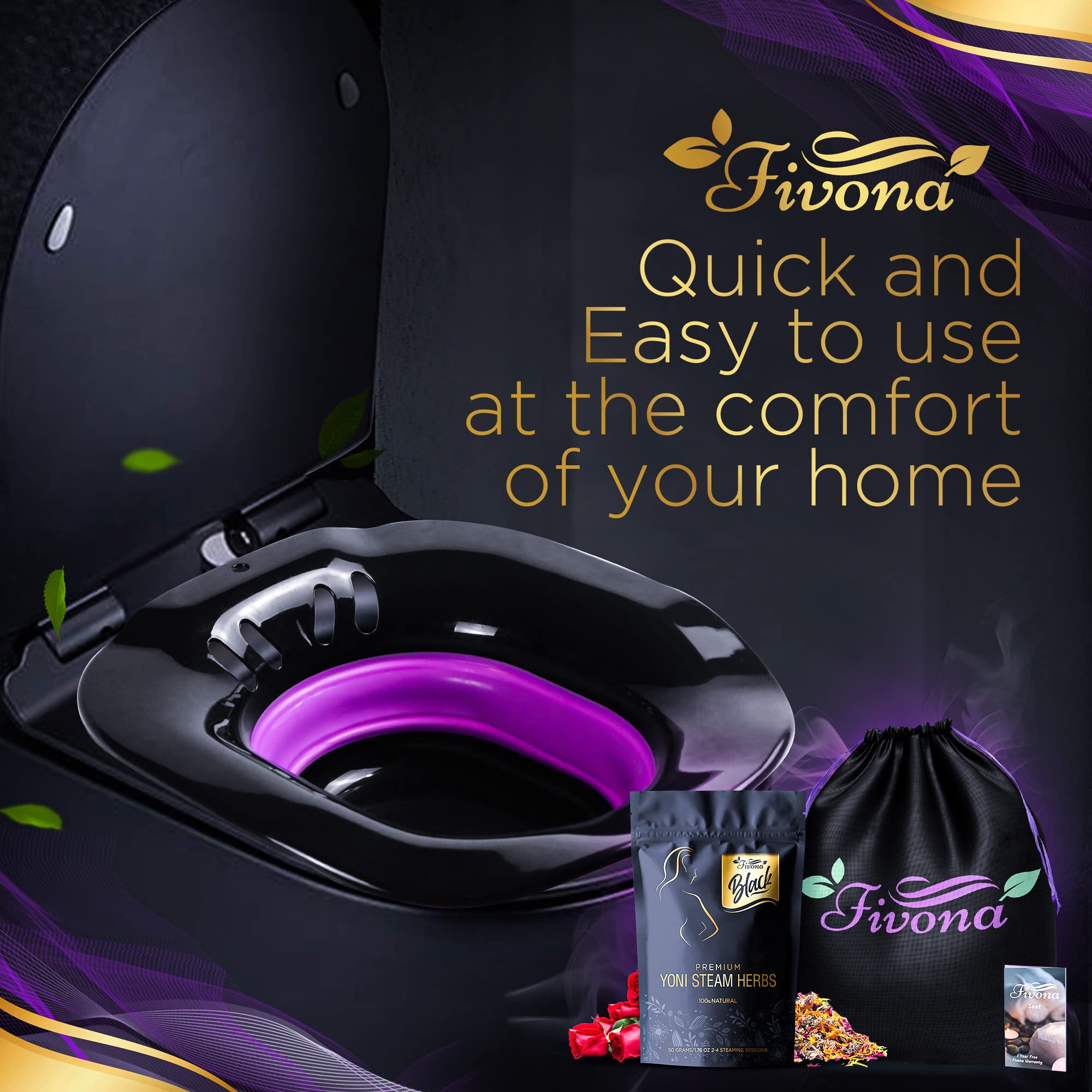 Fivona 3-in-1 Yoni Steam Kit Black - Foldable Over The Toilet Steamer Seat with Herbal Blend and Storage FIVONA buy supplements canada