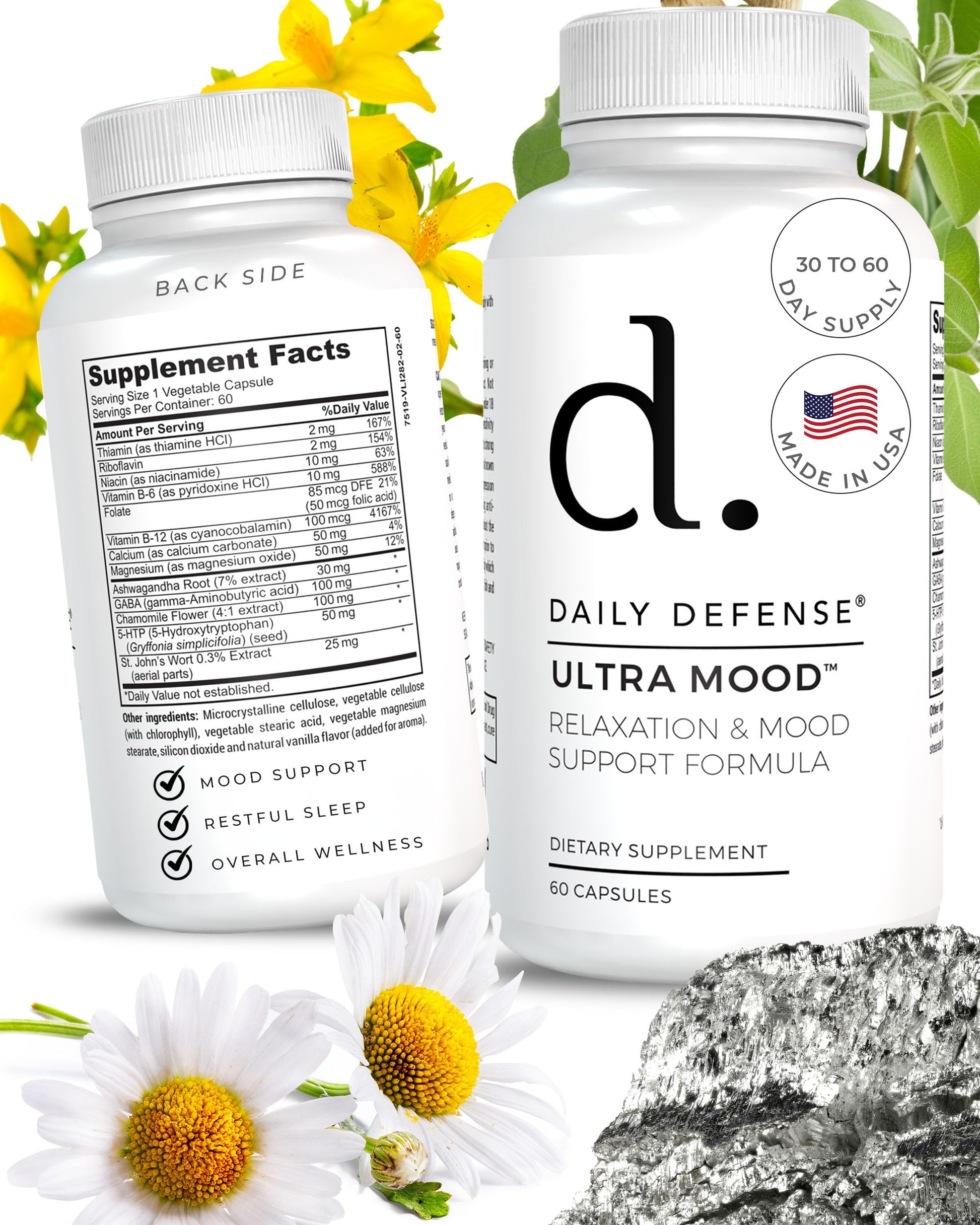 Daily Defense Mood Support Supplement - Ultra Mood 60 Count Mood Enhancer with Calcium Carbonate, Folic Acid, GABA, 5-HTP, Ashwagandha Root Extract & More - Non GMO Mood & Relaxation Supplement Daily Defense buy supplements canada