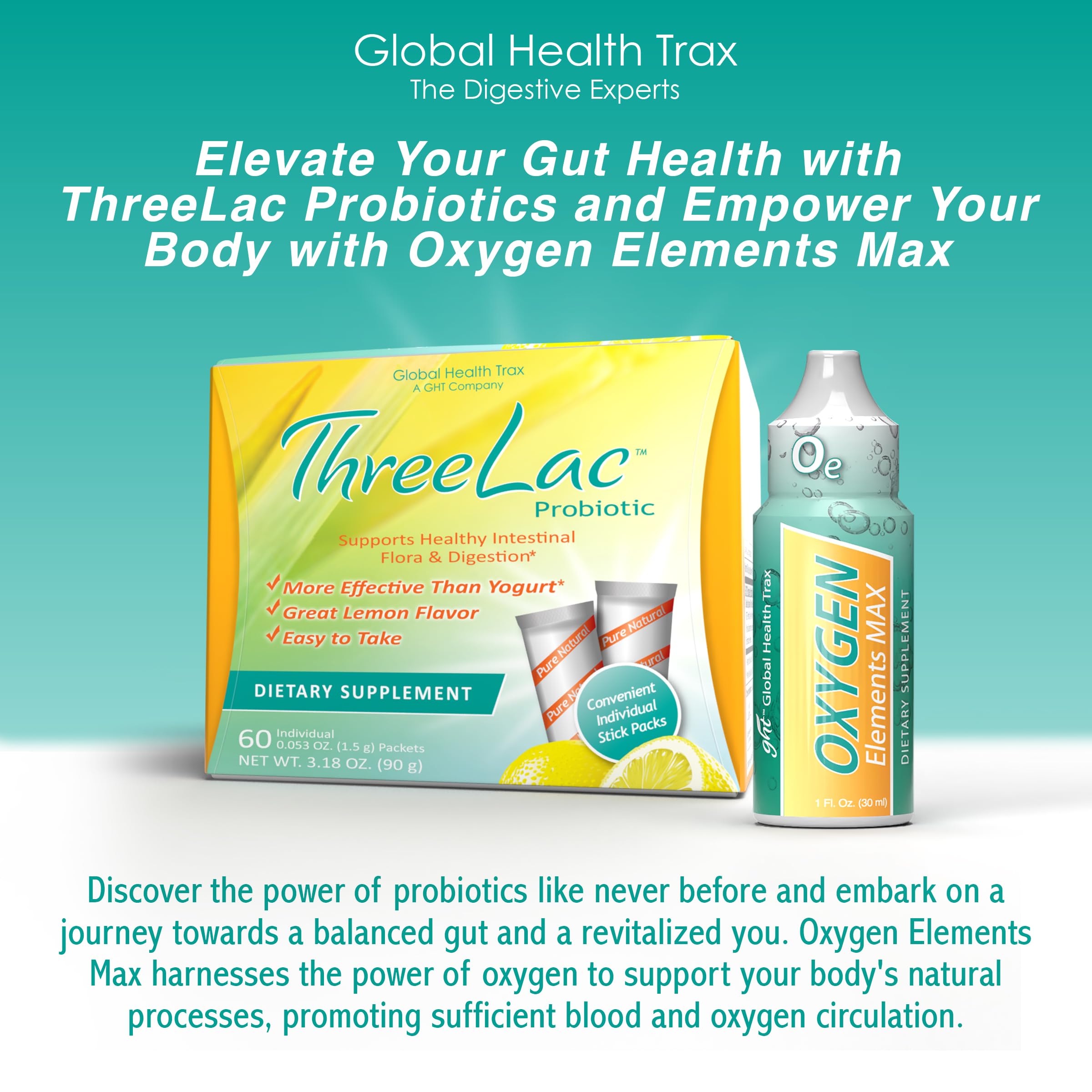 Global Health Trax Ultimate Gut & Oxygen Duo: ThreeLac Lemon Probiotic Powder (60 Packets) & Oxygen Elements Max Drops (1oz) - Digestive Support & Cellular Vitality ght Global Health Trax buy supplements canada