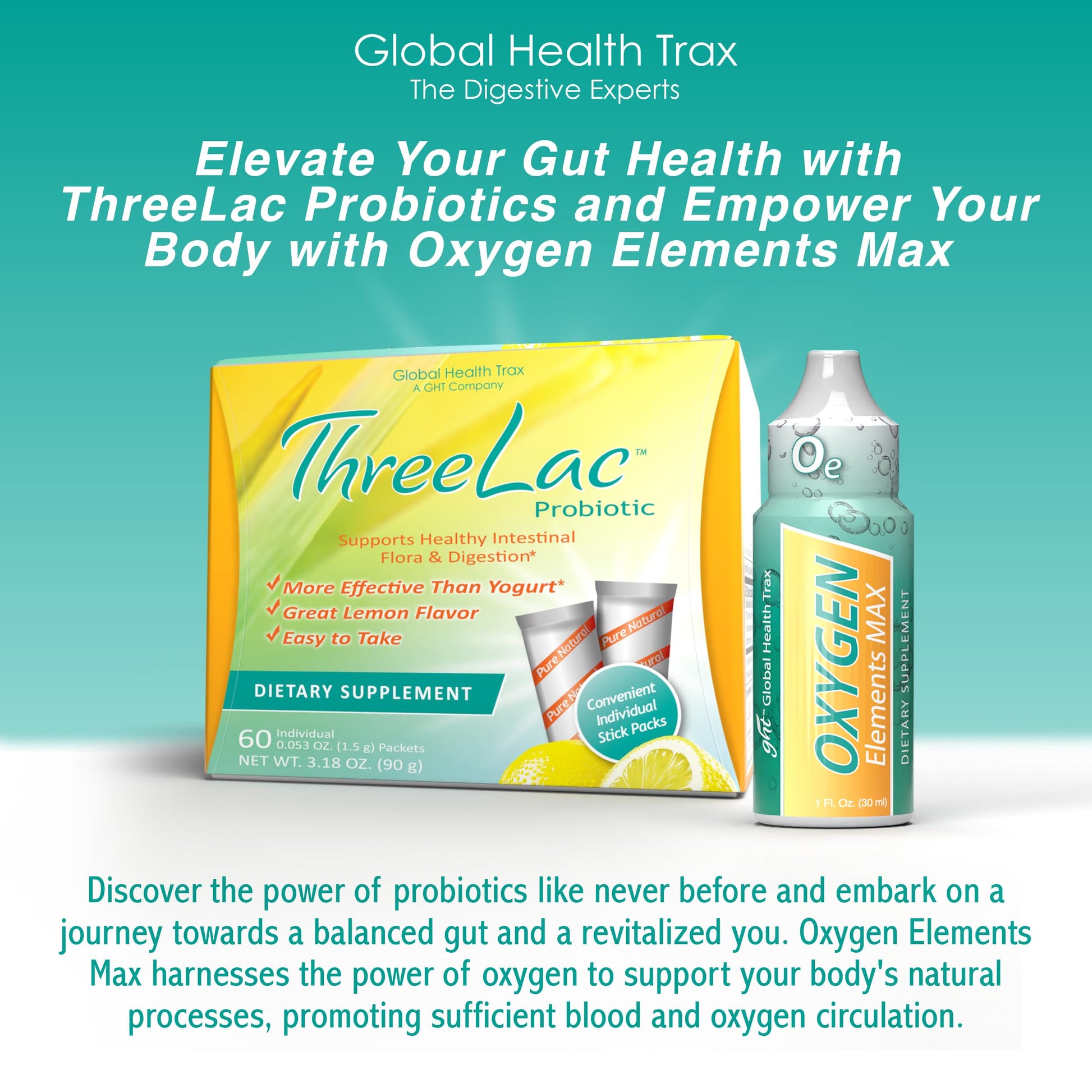 GHT – Ultimate Gut & Oxygen Duo: ThreeLac Lemon Probiotic Powder (180 Packets) & Oxygen Elements Max Drops (3oz) - Digestive Support & Cellular Vitality ght Global Health Trax buy supplements canada