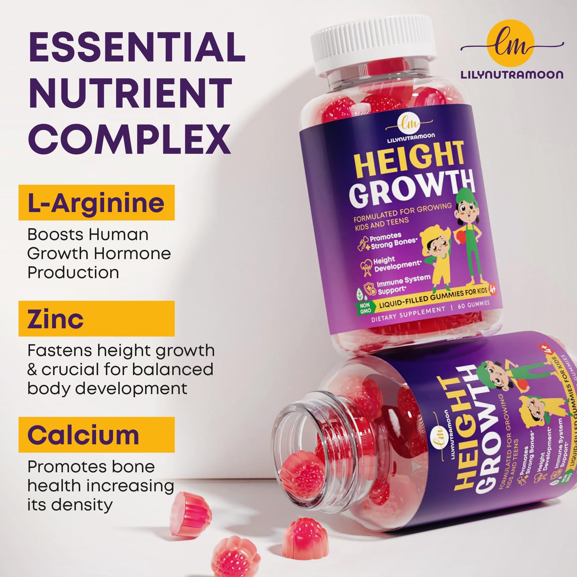 Height Growth Gummies for Kids & Teens - Calcium, Vitamin D3 + K2, Zinc, Magnesium, L-Arginine, Vitamin C - Multivitamin for Teen Boys & Girls - Grow Taller Supplement for Kids Height - 60 Gummies LM LILYNUTRAMOON buy supplements canada