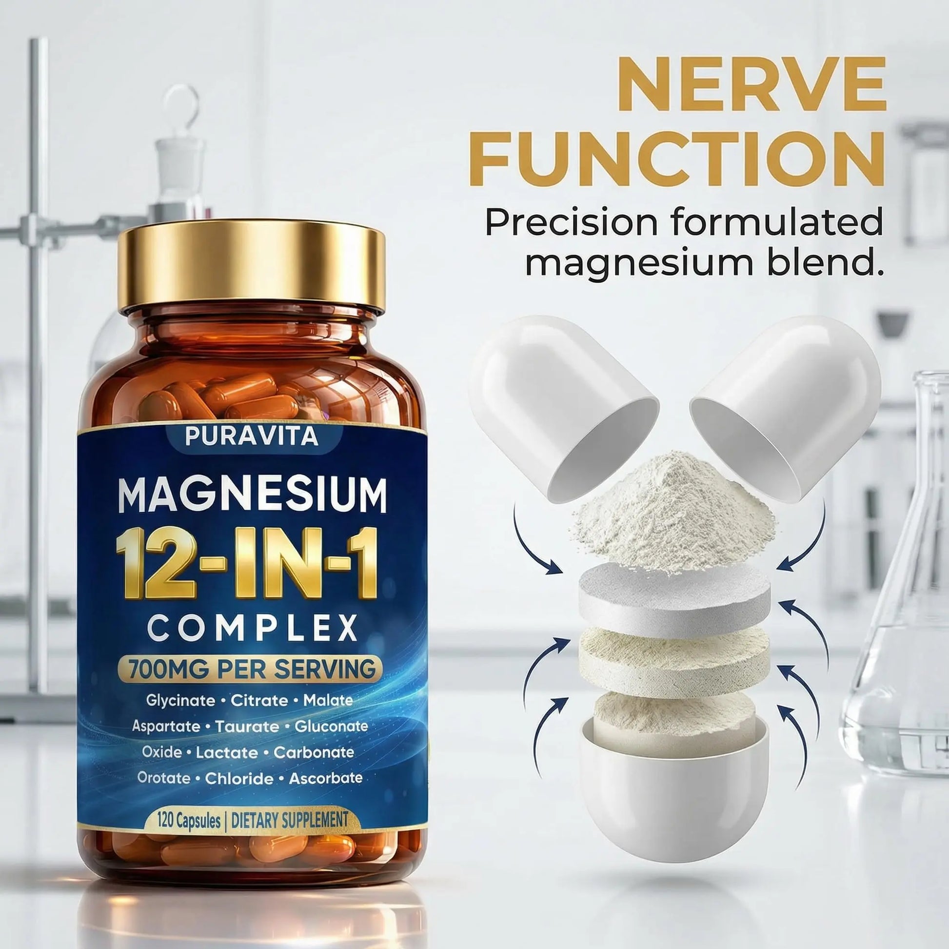 Puravita 12 in 1 Magnesium Complex Capsules - 700mg High Absorption Blend with Glycinate, Citrate, Malate, Oxide & Taurate. Supports Muscle Function, Nerve Health & Relaxation - 120 Capsules (1) PURAVITA buy supplements canada