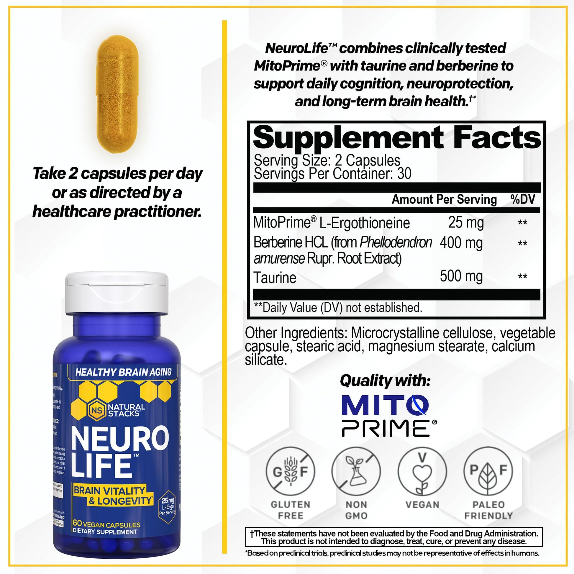 NeuroLife Longevity Supplement - 500mg Taurine & 400mg Berberine Supplement - Clinically Tested MitoPrime L-Ergothioneine - Brain Support for Cognitive Vitality - 60 Berberine Capsules NATURAL STACKS buy supplements canada