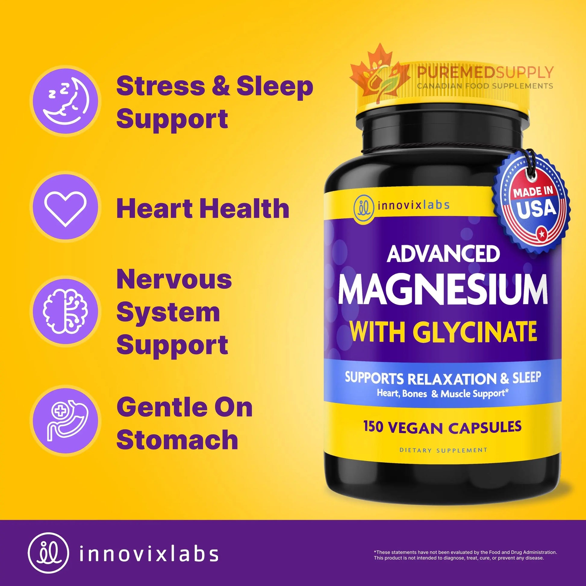 InnovixLabs Advanced Magnesium Capsules - 150 Ct, 210 mg - Chelated Glycinate and Malate - High Absorption, Promotes Relaxation, Bones, Muscle Health, Vegan Malate Sleep Supplement InnovixLabs buy supplements canada